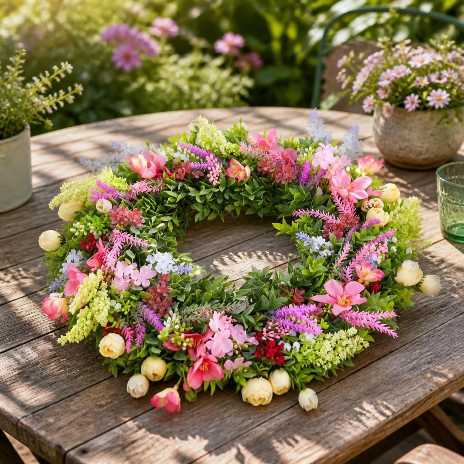 Natürlich künstlicher Kranz | Künstlicher Blumenkranz, bunt, Dekokranz mit Kunstblumen, für Eingangsbereich
