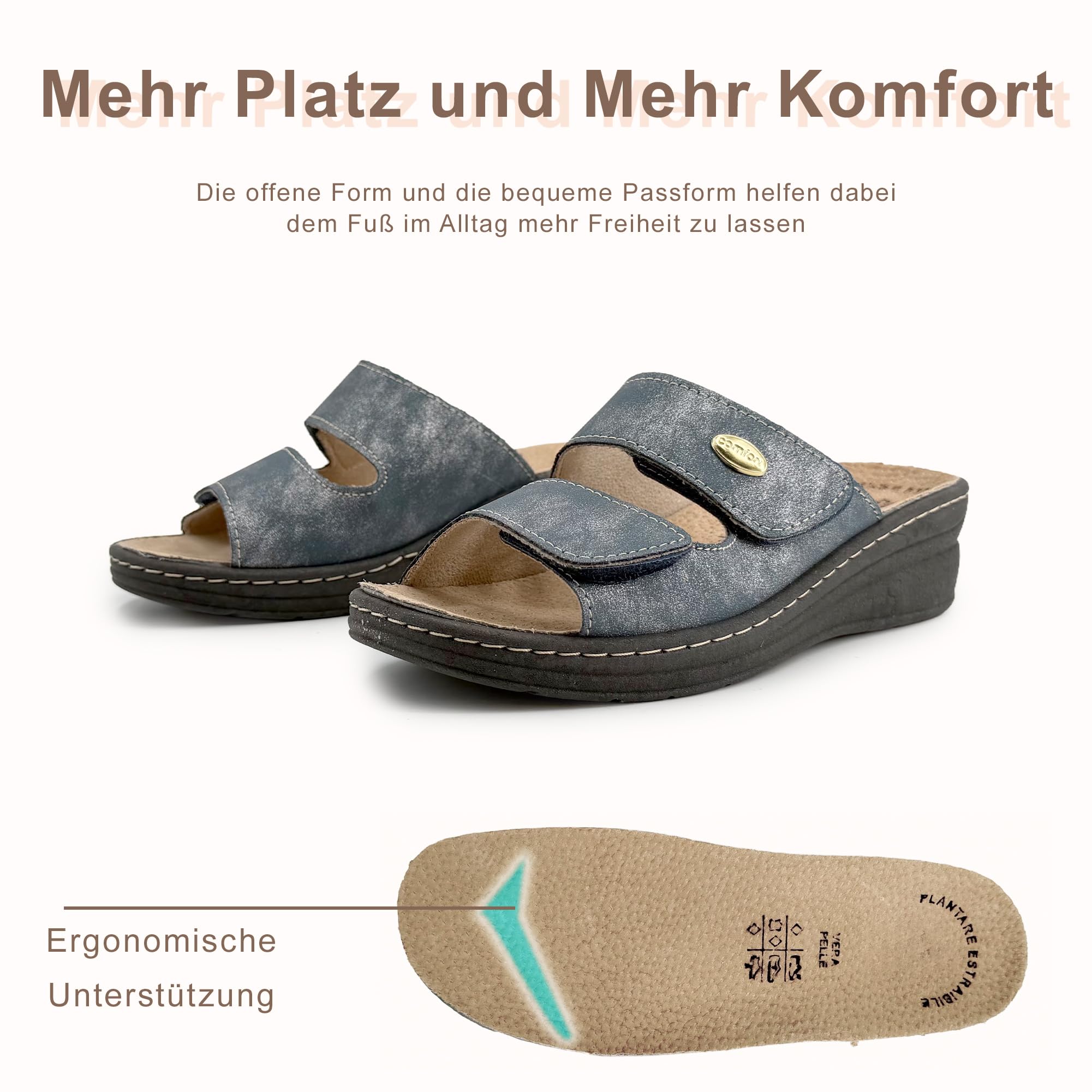 JOMIX Damen Pantoletten Orthopädische mit Klettverschluss Sommer Hausschuhe Anatomisch Ergonomisch Herausnehmbares Lederfußbett Verstellbar Bequemer Keilabsatz für ältere Damen