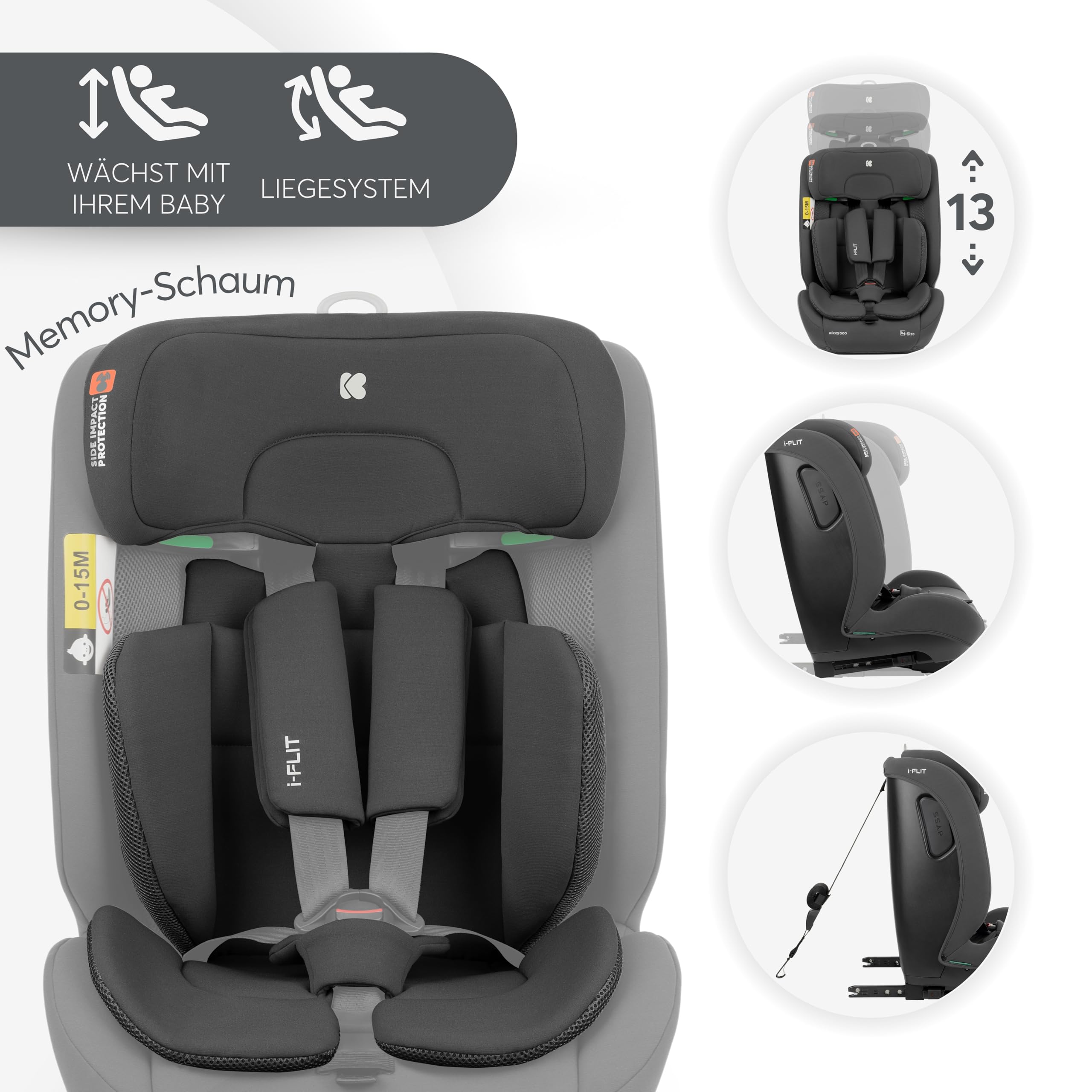 KikkaBoo i-Size i-­FLIT, Kindersitz 9-36 kg ISOFIX, Autokindersitz 76-150 cm, Gruppe 1/2/3, 15 Monate bis 12 Jahre, SPS Seitenschutz, Top Tether, Verstellbare Kopfstütze, Dunkelgrau