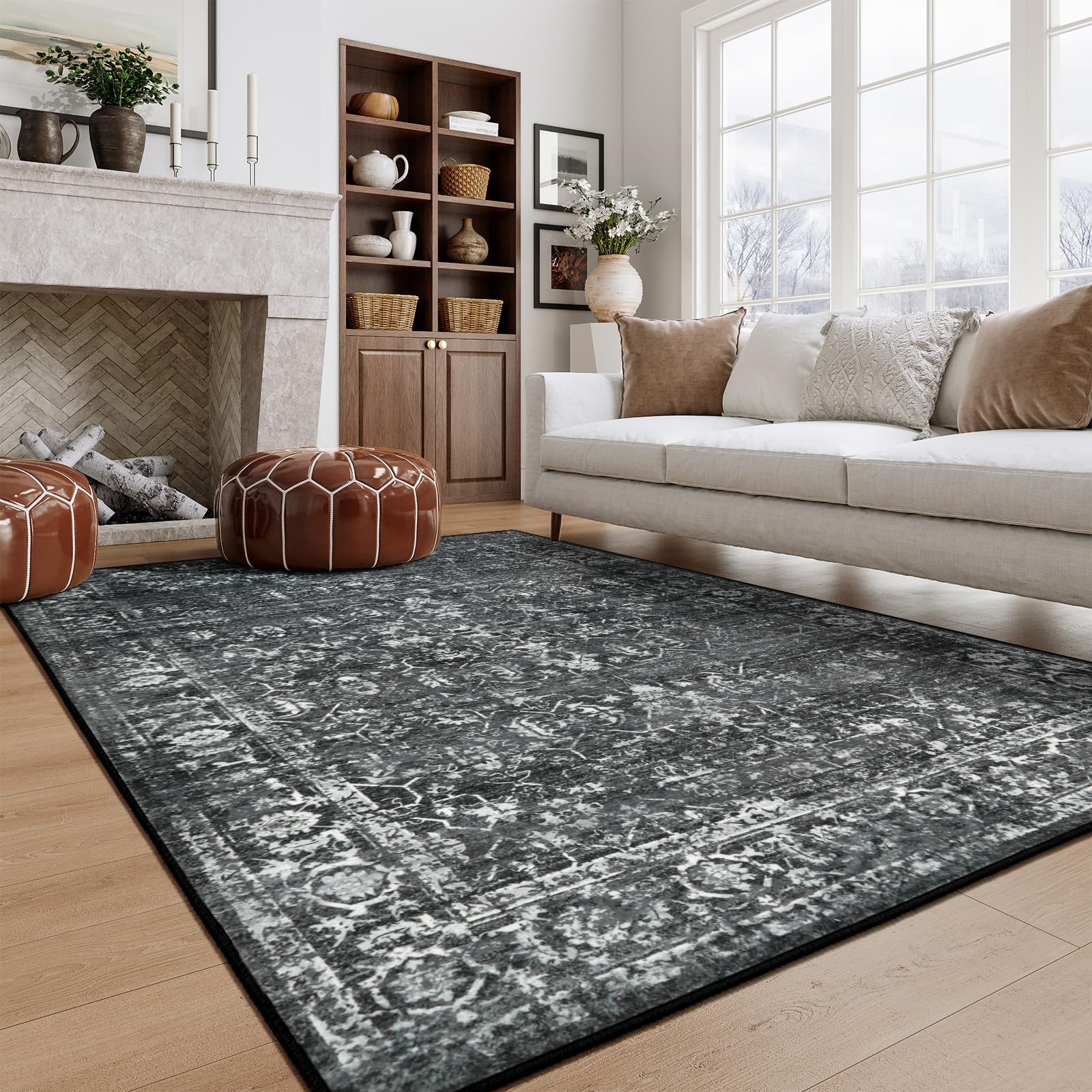 Lahome 5x7 Washable Black Area Rugs for Living Room, Non Slip Bedroom Rug, Stain Resistant Floor Dining Room Carpet for Office Entrance DecorOEKO-TEX STANDARD 100