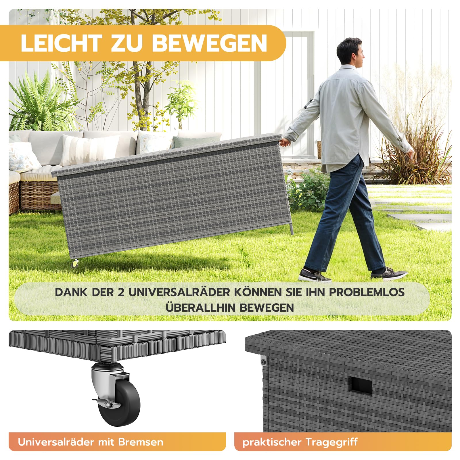 UDPATIO Gartenbox Wasserdicht 480L mit Rollen, Aufbewahrungsbox Garten, Auflagenbox Wetterfest, Kissenbox Outdoor mit Deckel, Gasdruckfedern, ideal für Garten, Terrasse & Balkon | Grau