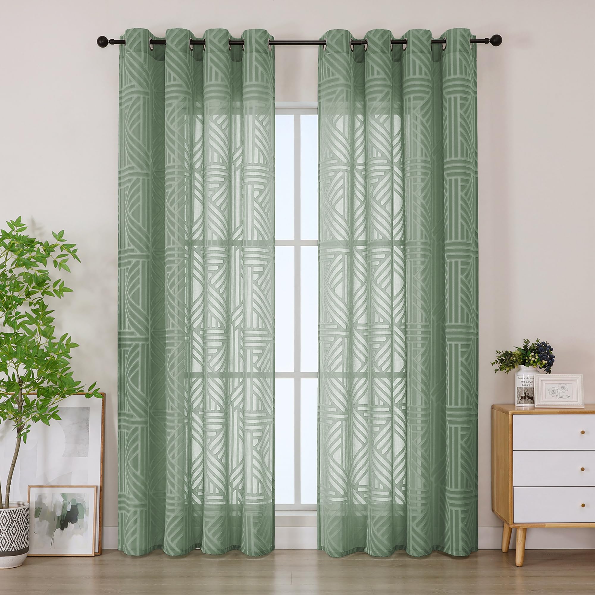 Simplebrand Semi Sage Green Sheer Curtains 140x220 2 Panels, Light Filtering Geometric Jacquard Clip Textured Eyelet Sheer Curtains for Living Roon，Modern Elegant Window Curtains Drapes