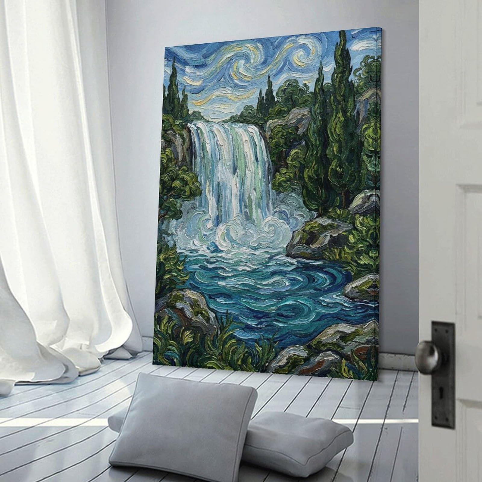 Junmoney Frame-Style-2 Waterfall Landscape Painting In Van Gogh Style Wall Art Print, 20X30inch(50X75cm), For Workspace Walls, Study Corners Or Bedrooms, A Smart Decor Choice For Study Walls