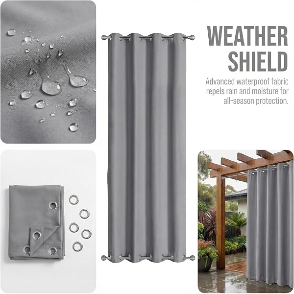 LiveGo Outdoor Curtains Waterproof with Grommet (Top and Bottom), 2 Panels Privacy & UV Protection Windproof Curtain for Porch, Pergola, Garden, Backyard (Light gray, 140 * 275cm) - 4