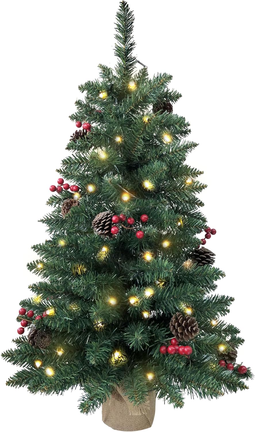3ft Pre-lit Mini Christmas Tree,Artificial Pine 121 PVC Branches Tips with 11 Red Berries & 11 Pinecone & 70 LED String Lights & Burlap Wrapped Base Decor Xmas Tree for Tabletop,Battery Operated Green 3ft