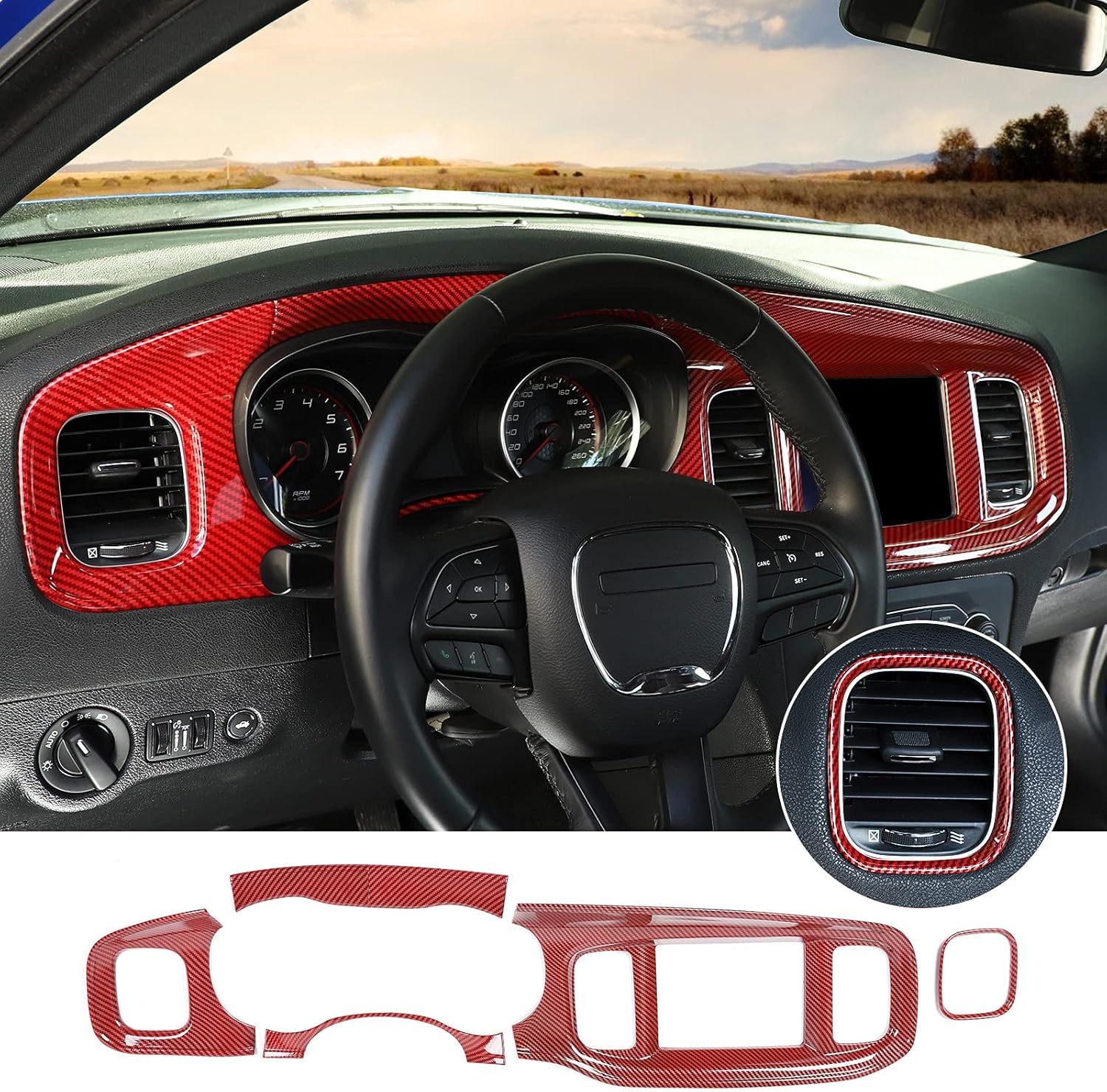 Hoolcar Interior 8.4 Inch Screen Center Console Dashboard Trim for 2015-2020 Dodge Charger, Red Carbon Fiber