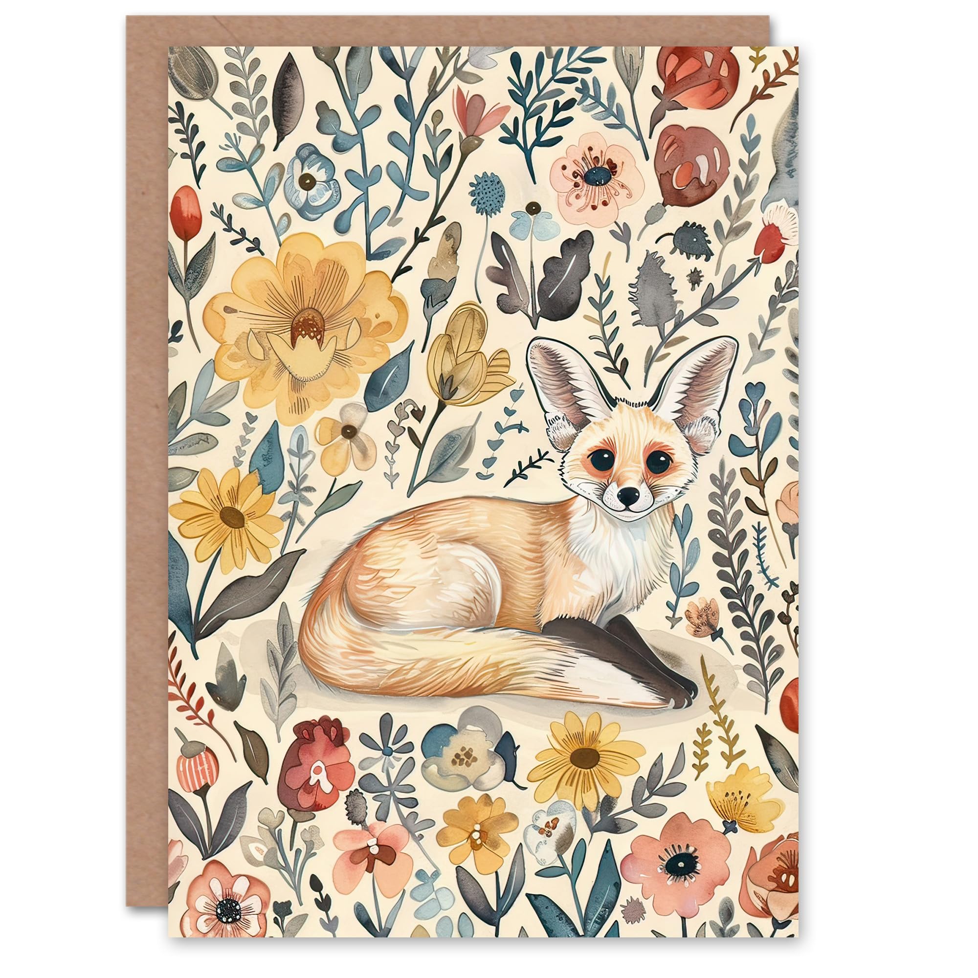 Artery8 Greeting Card Cute Fennec Fox Boho Flower Pattern Watercolour For Her Woman Birthday Card