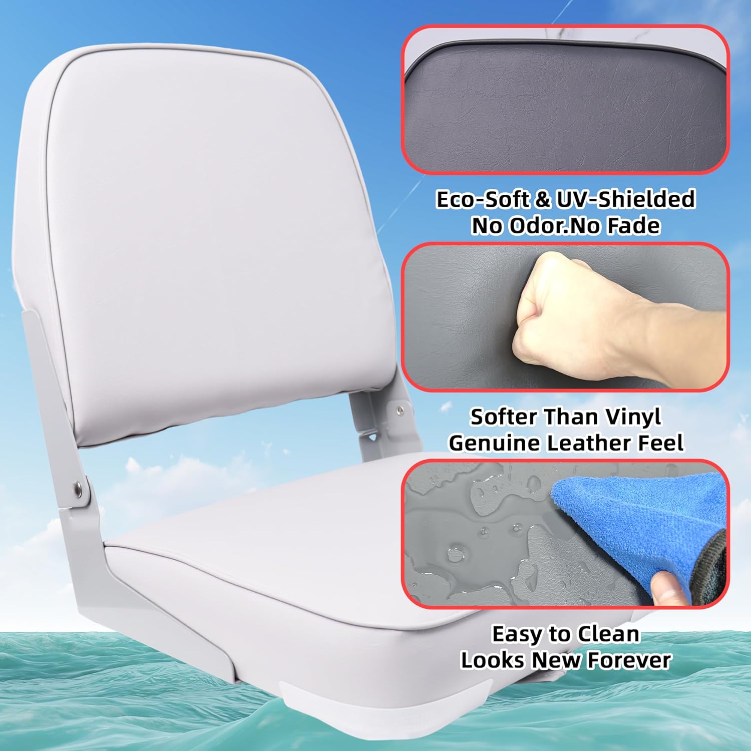 Folding Boat Seats 2 Pack Clearance - Premium Bass/Jon/Pontoon Boat Chairs, Heavy Duty Waterproof Swivel Fishing Boat Seat with Storage Bag (Light Gray)
