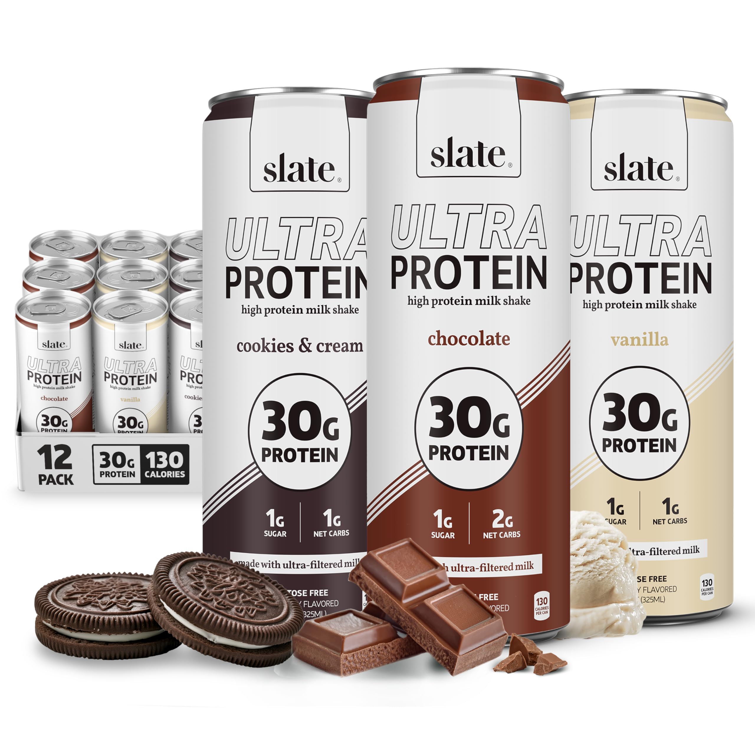 Slate Milk - Ultra Protein Shake - Dessert Pack - Chocolate, Vanilla, Cookies & Cream - 30g Protein, 1g Sugar, 130 Calories, 2g Net Carbs - Lactose Free, No Added Sugar - 11 fl oz, 12 Cans