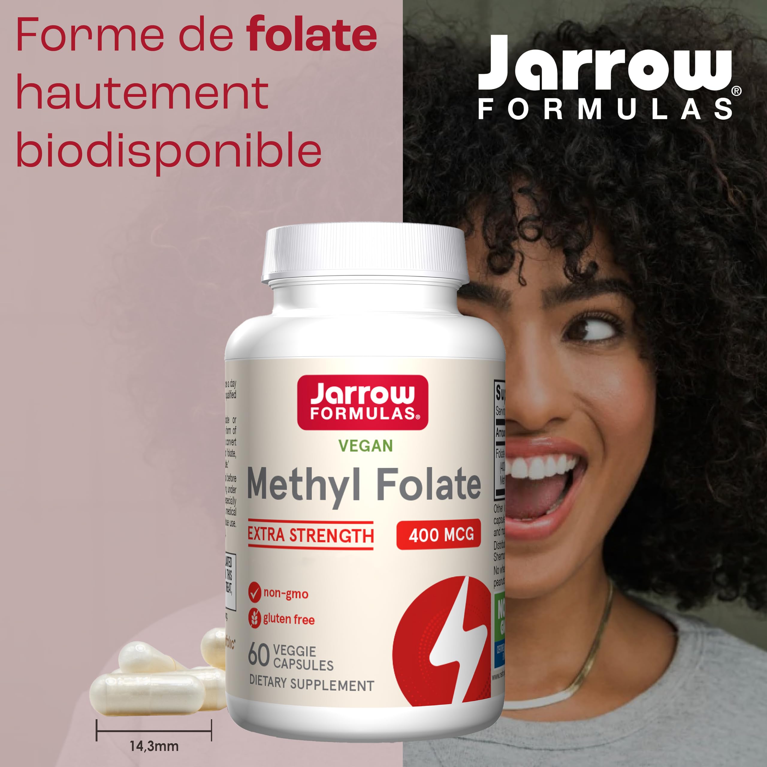 Jarrow Formulas, Methyl Folate (5-MTHF), 400mcg, Acide Folique, 60 Capsules végétaliennes, Testé en Laboratoire, Sans Gluten, Végétarien, Sans Soja, Sans OGM
