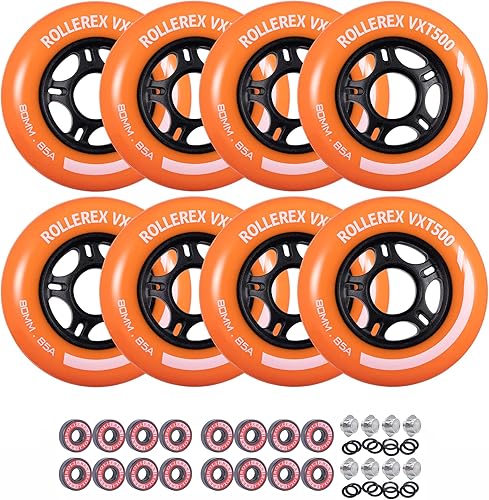 Rollerex VXT500 - Ruedas de patinaje en línea (8 ruedas con rodamientos, espaciadores y arandelas) (varias opciones de tamaño y color disponibles),
