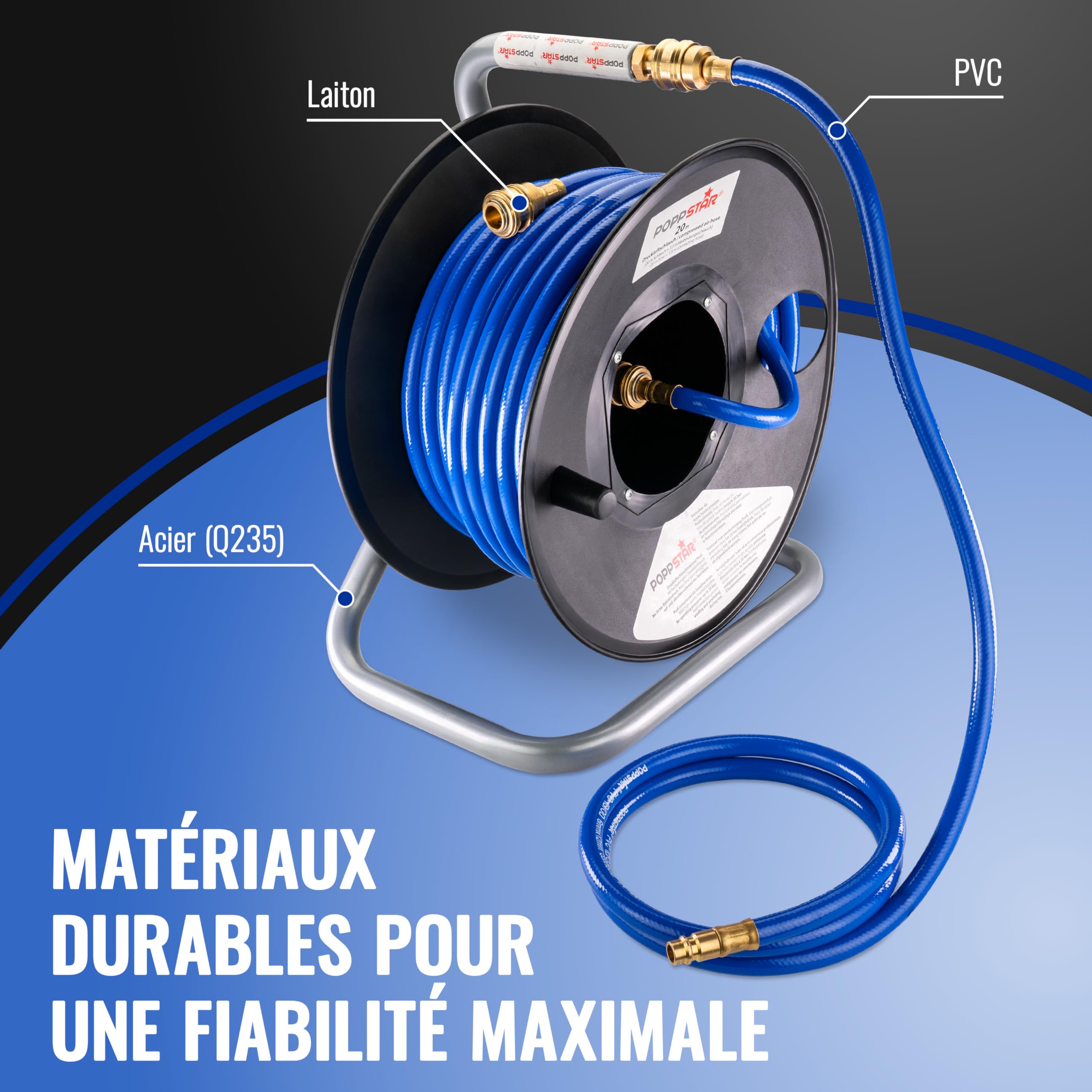 Poppstar Enrouleur de Tuyau d'Air Comprimé Manuel en PVC (20m+1,5m, Diamètre (6x11,5mm)), Raccords 1/4 Pouce BSPT
