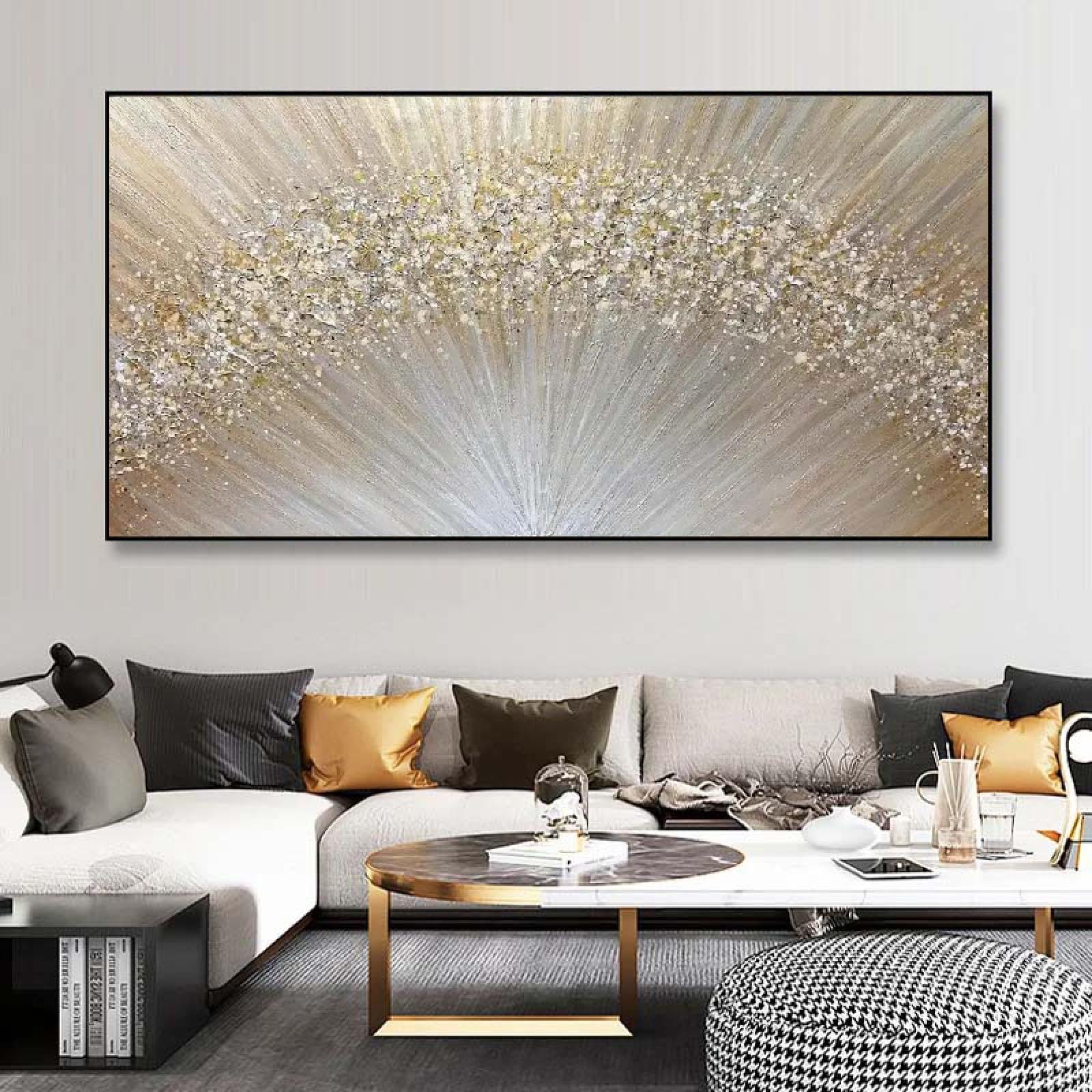 18meng Art Nordic Abstrakte Leinwand Bilder Gold Wohnzimmer Modern Luxus Sonnenaufgang Gold Kunstdruck Bilder Wandbilder Abstrakt Leinwandbild (140x70 cm, Mit Rahmen)