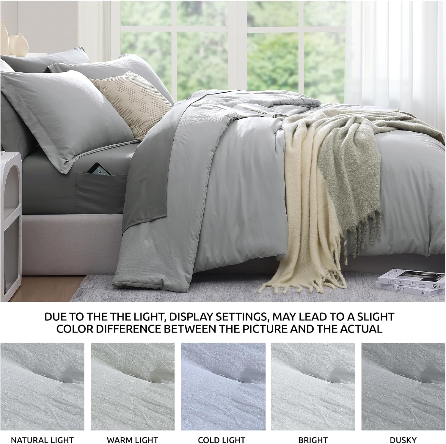 WRENSONGE Full Size Comforter Sets- 7 Pieces Soft Light Grey Bed in a Bag with Fitted Sheet, Flat Sheet, 2 Pillow Shams, 2 Pillowcases, Warm Bedding Sets for All Season - Image 6