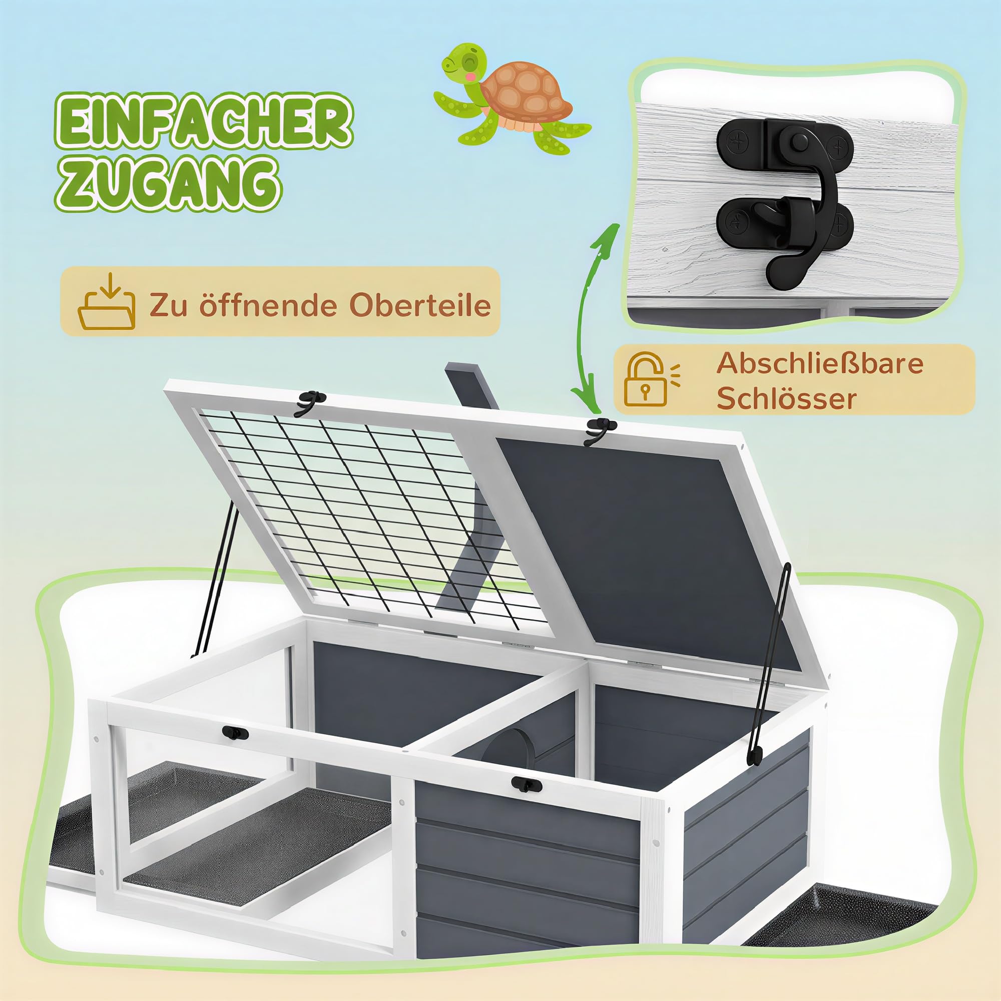 PawHut Schildkrötenhaus mit Haupthaus Sichtfenster für Schildkröten Grau | Aufklappbarer Deckel, Lampenfassung, Schildkrötengehege, Outdoor-Reptilienkäfig, für Reptilien und Eidechsen, aus Holz