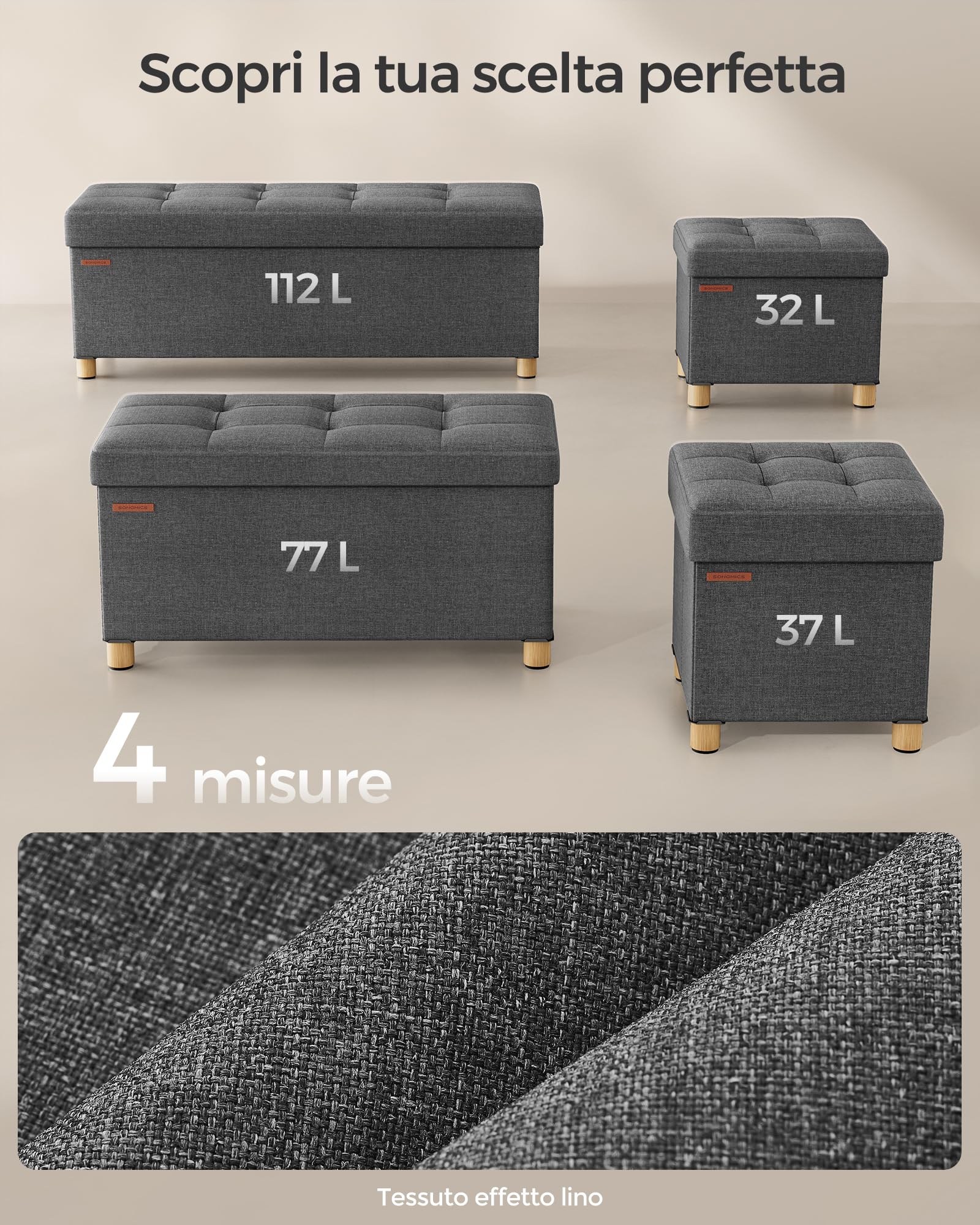 SONGMICS Cassapanca, Pouf Contenitore, Poggiapiedi Pieghevole 38 x 110 x 40 cm, Ottomano con Gambe in Legno, Regge fino a 300 kg, per Soggiorno, Camera da Letto, Dormitorio, Grigio Ardesia LSF018G11