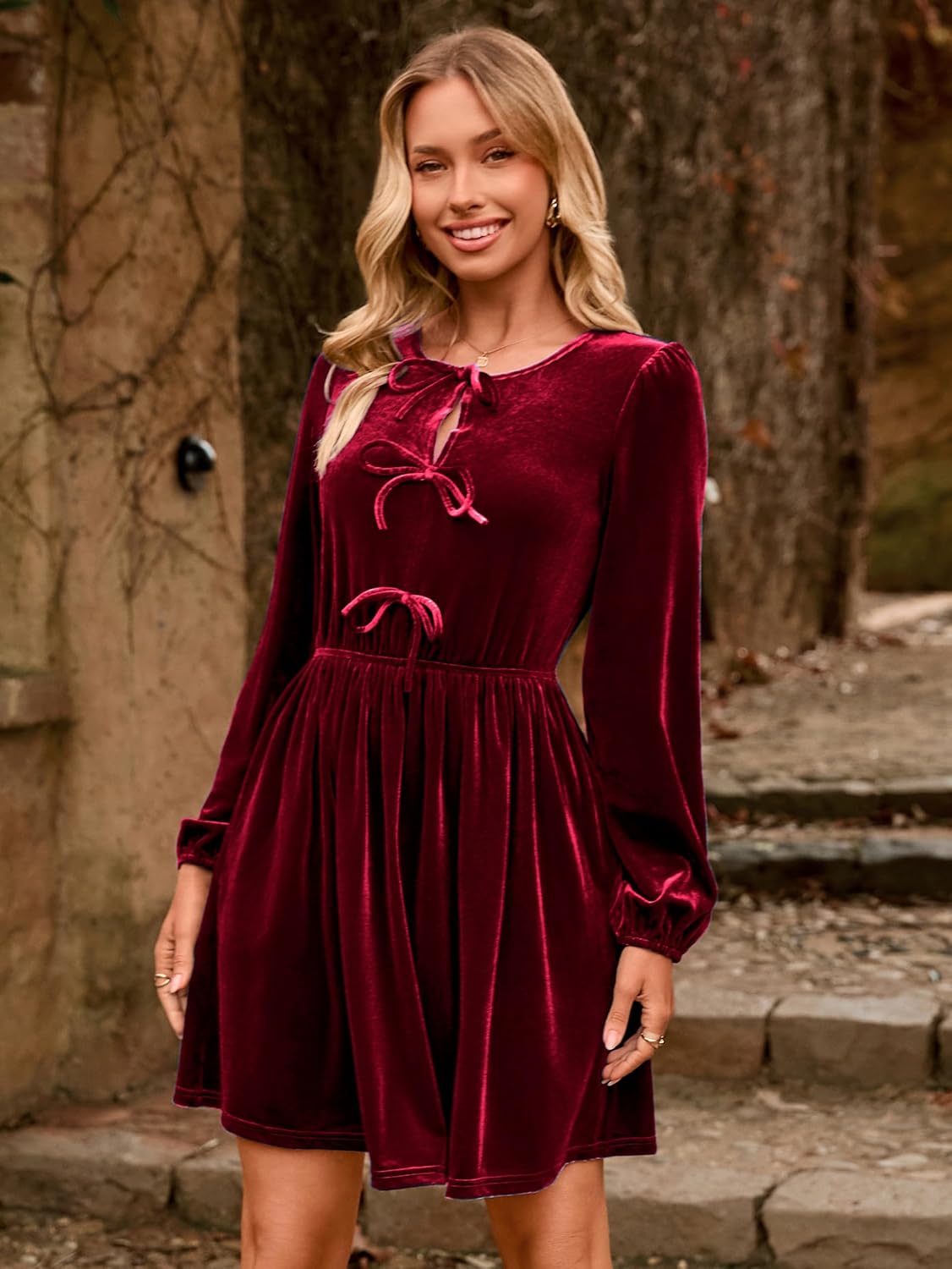 Simplee Womens Fall Velvet Dress Long Sleeve Bow Tie Front Babydoll A Line Cocktail Party Christmas Holiday Dresses - Image 2