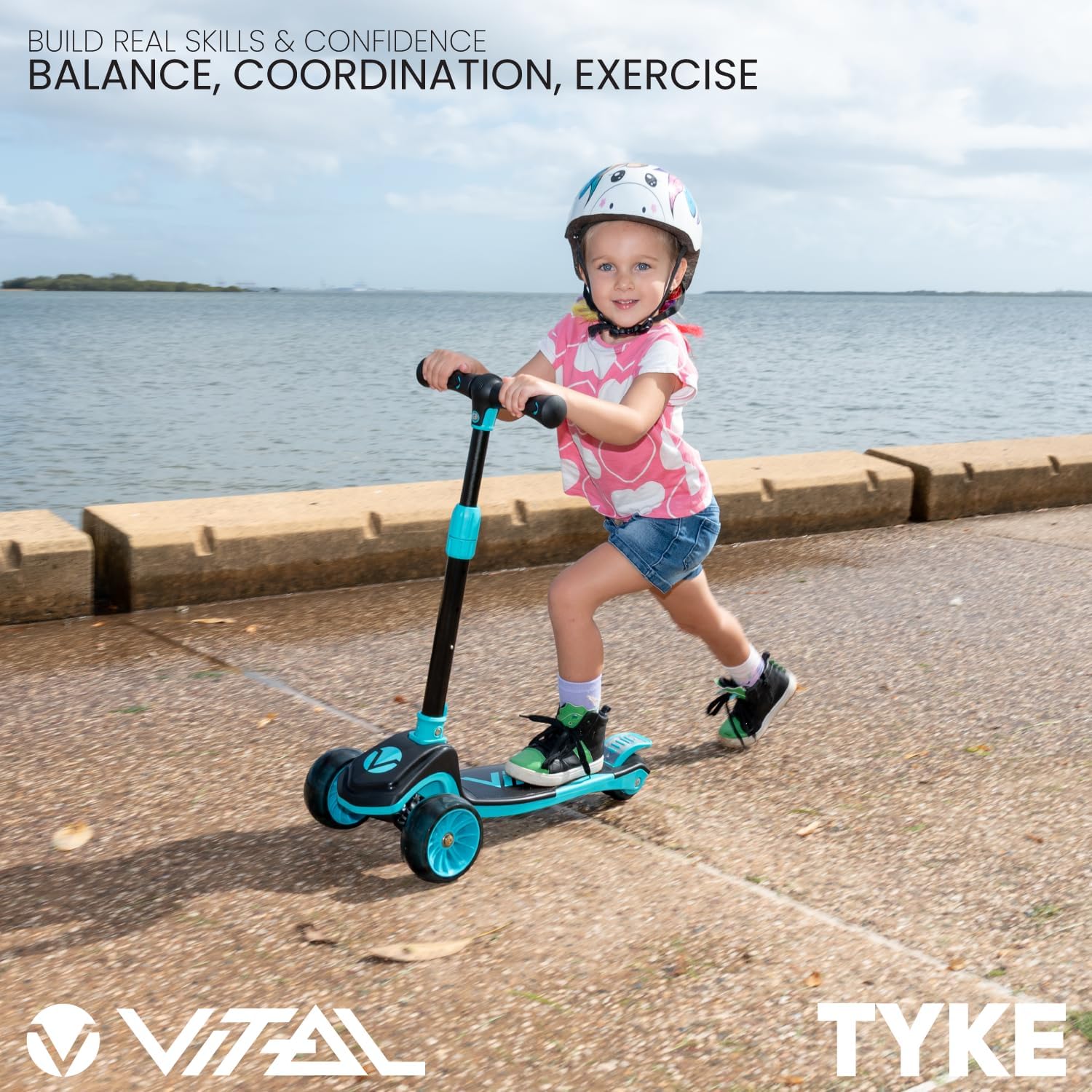 Vital Tyke 3 Wheel Kids Scooter | LED Light-up Wheels, Foldable, Tool-Free Adjustable Handlebar & Removable Seat, for Ages 3-8