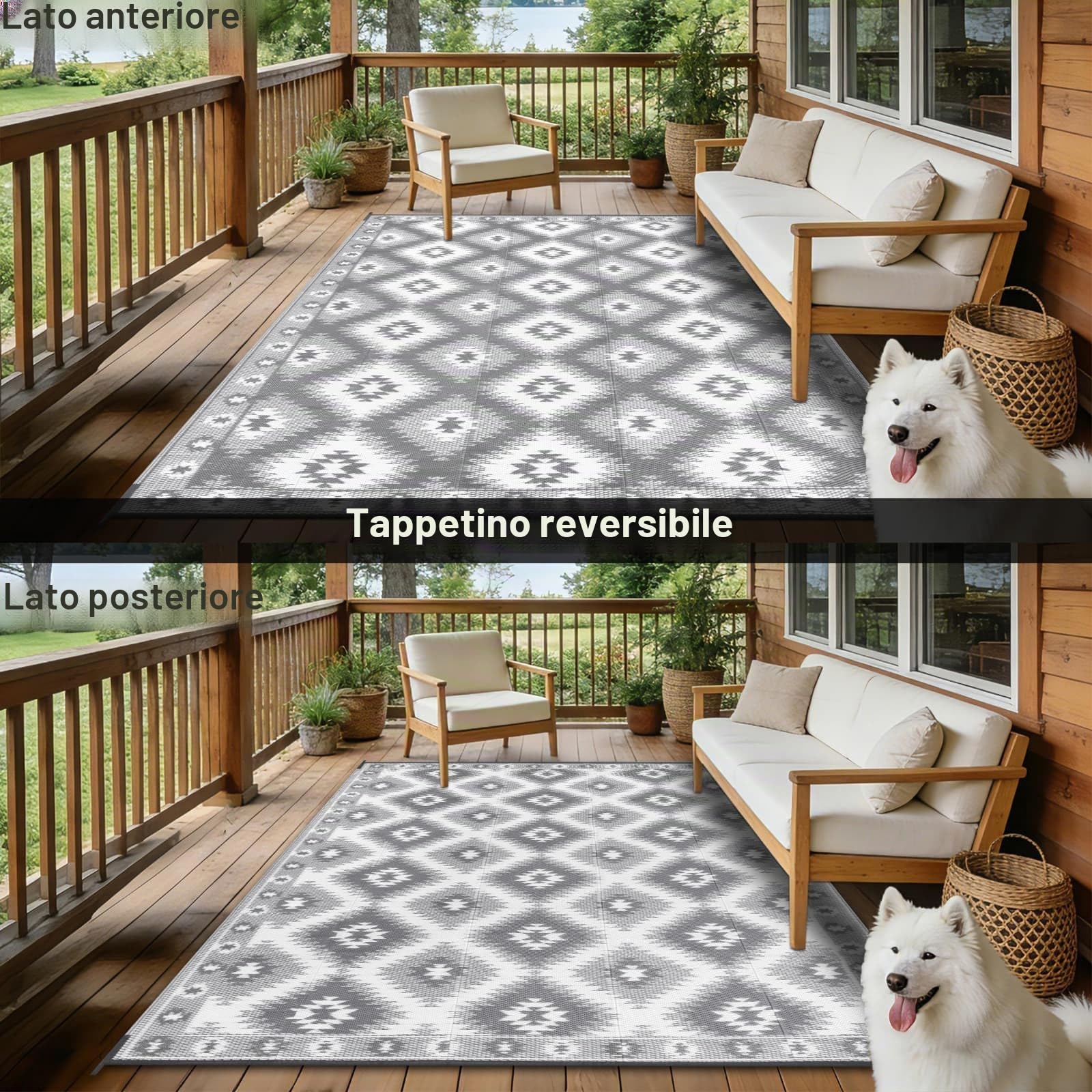 SHACOS Tappeto per Esterni Grande 180x270 cm Grigio Reversibile resistente alle intemperie UV Plastica Campeggio Balcone Terrazza Spiaggia