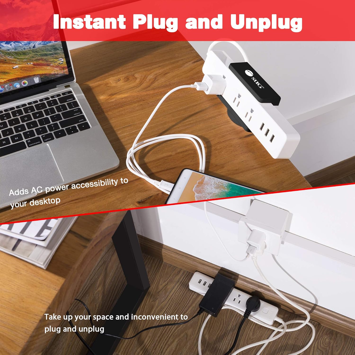 SIIG Powerstrip Clamp Holder with Desk Clamp Fits 0.4" to 2" Table Thickness Mountable Power Outlet Strips - Power Strip Desk Mount with Adjustable Clamp, Cable Management Black [CE-MT2Y12-S1]
