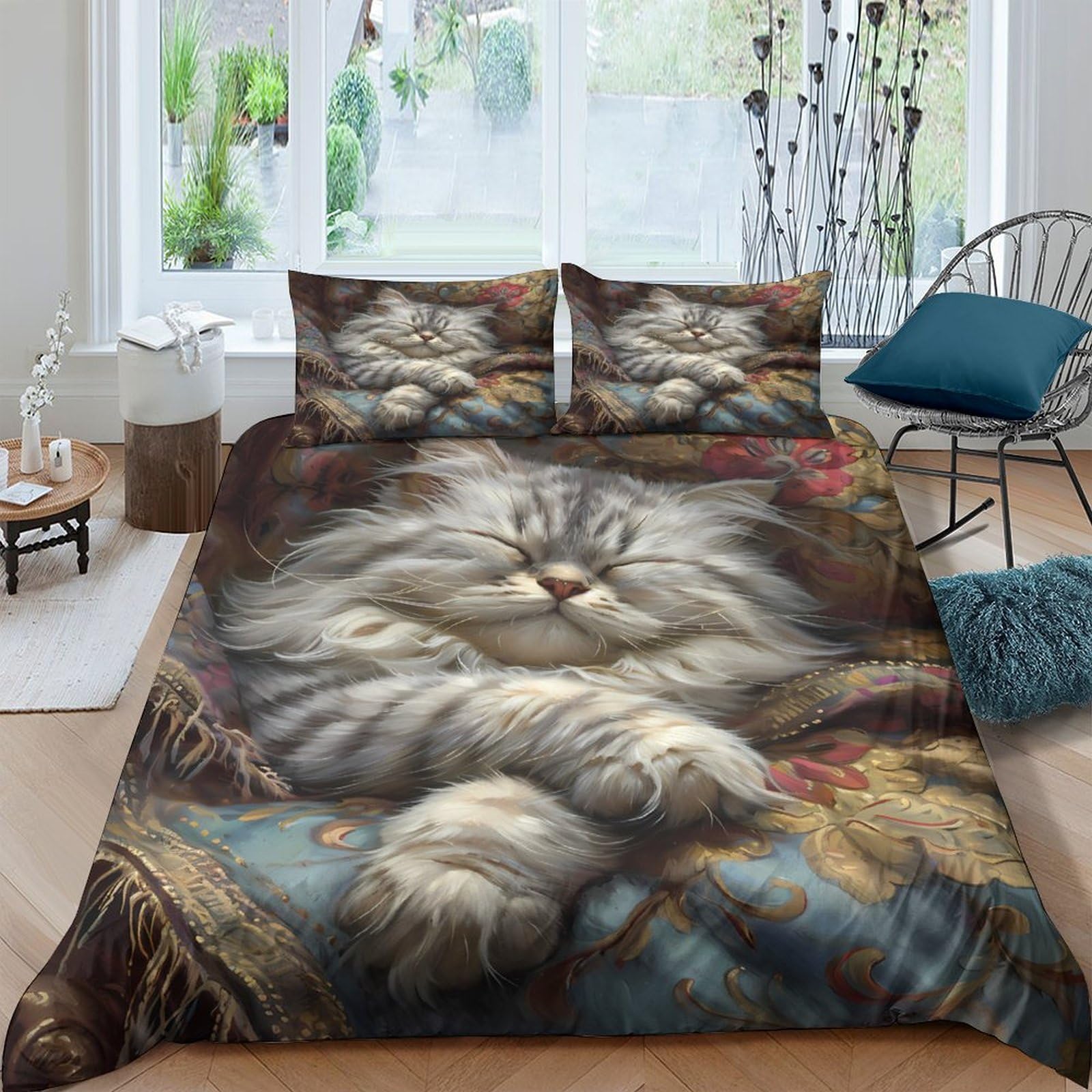 Ctjqhvkz Style-2 3D Printed Fluffy Cat Fitted Sheet Microfiber Soft Bed Cover Animal Pattern For Bedroom Guest Room Easy Care Single（135X200cm）