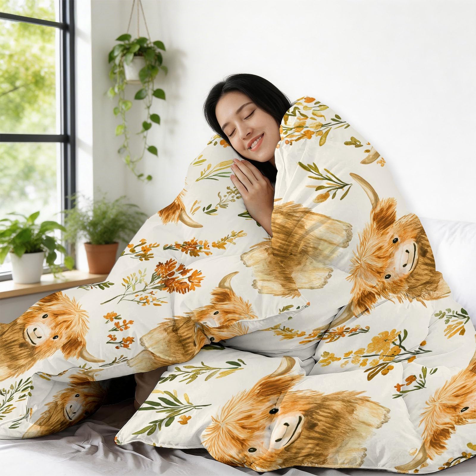 Edredon Relleno nordico Cama Infantil Algodón - Animal Ganado de las Highlands Campo Granja Cama 180 - Bebe rellena Juego de Manta 260x240 cm con Almohada 50 x 75 cm por niños e niñas Amarillo mostaza