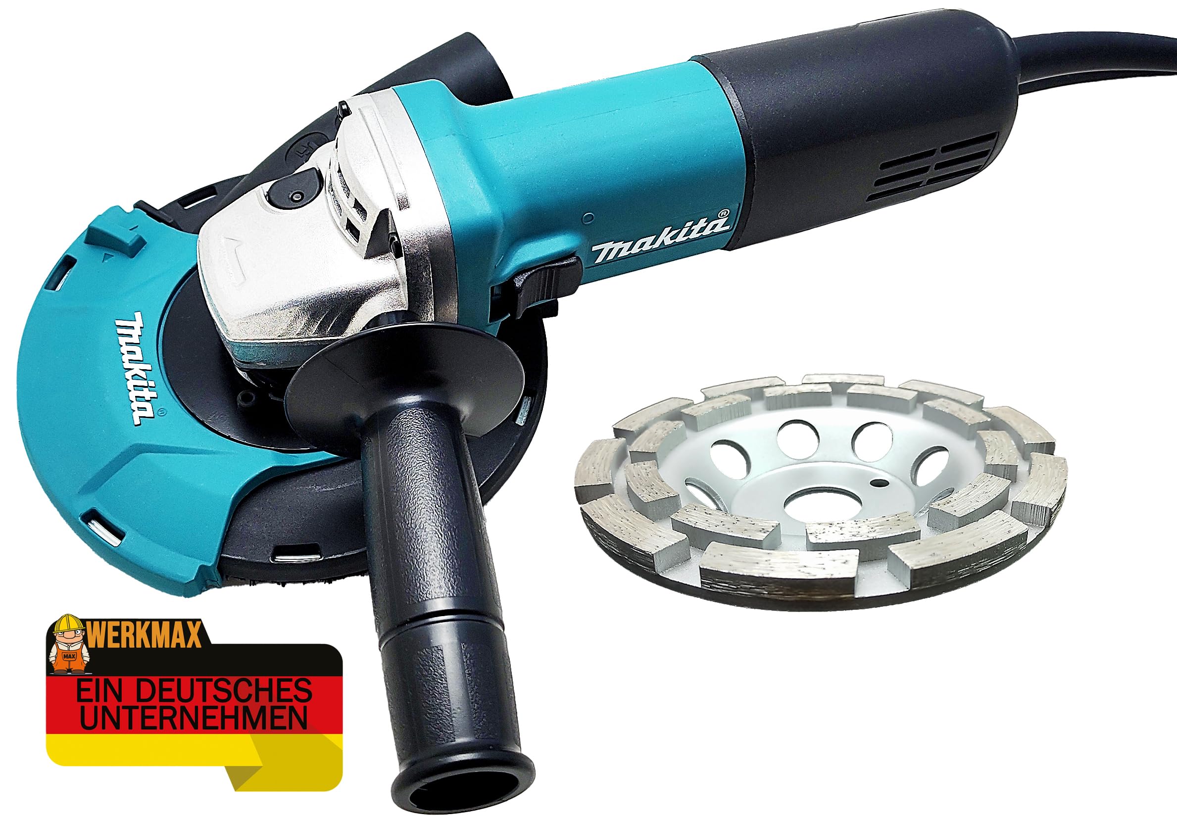 WERKMAX Makita Betonschleifer Set 125 mm – Betonschleifer Winkelschleifer mit Diamant Schleiftopf – Absaughaube 191W06-8 – Beton Estrich Fliesenkleber schleifen