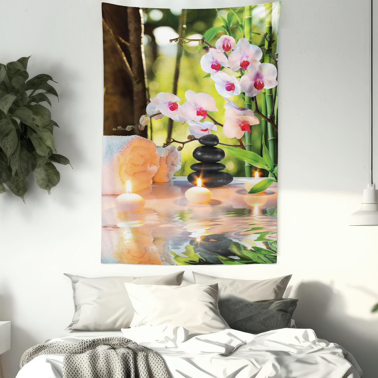 Ambesonne Spa Tapestry, Massage Theme Candles Orchids and Stones in Garden Japanese Oriental, Wall Hanging for Bedroom Living Room Dorm Decor, 40" X 60", Pale Green Fuchsia