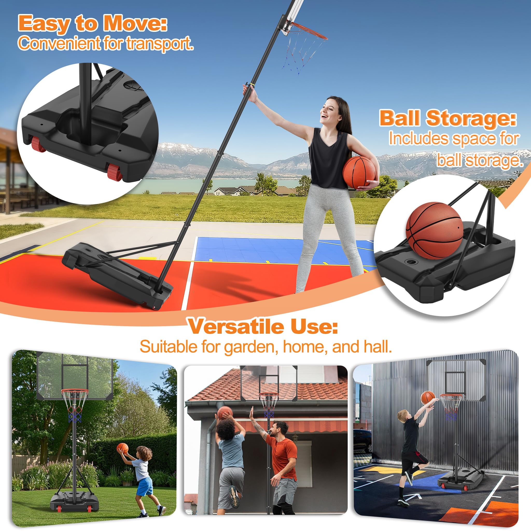 UISEBRT Freistehender Basketballständer Höhenverstellbar 150–260 cm | Bruchsichere PC-Backboard | Outdoor Basketballkorb mit 2 Netzen, Basketball Größe 5 & Luftpumpe für Garten, Terrasse, Einfahrt