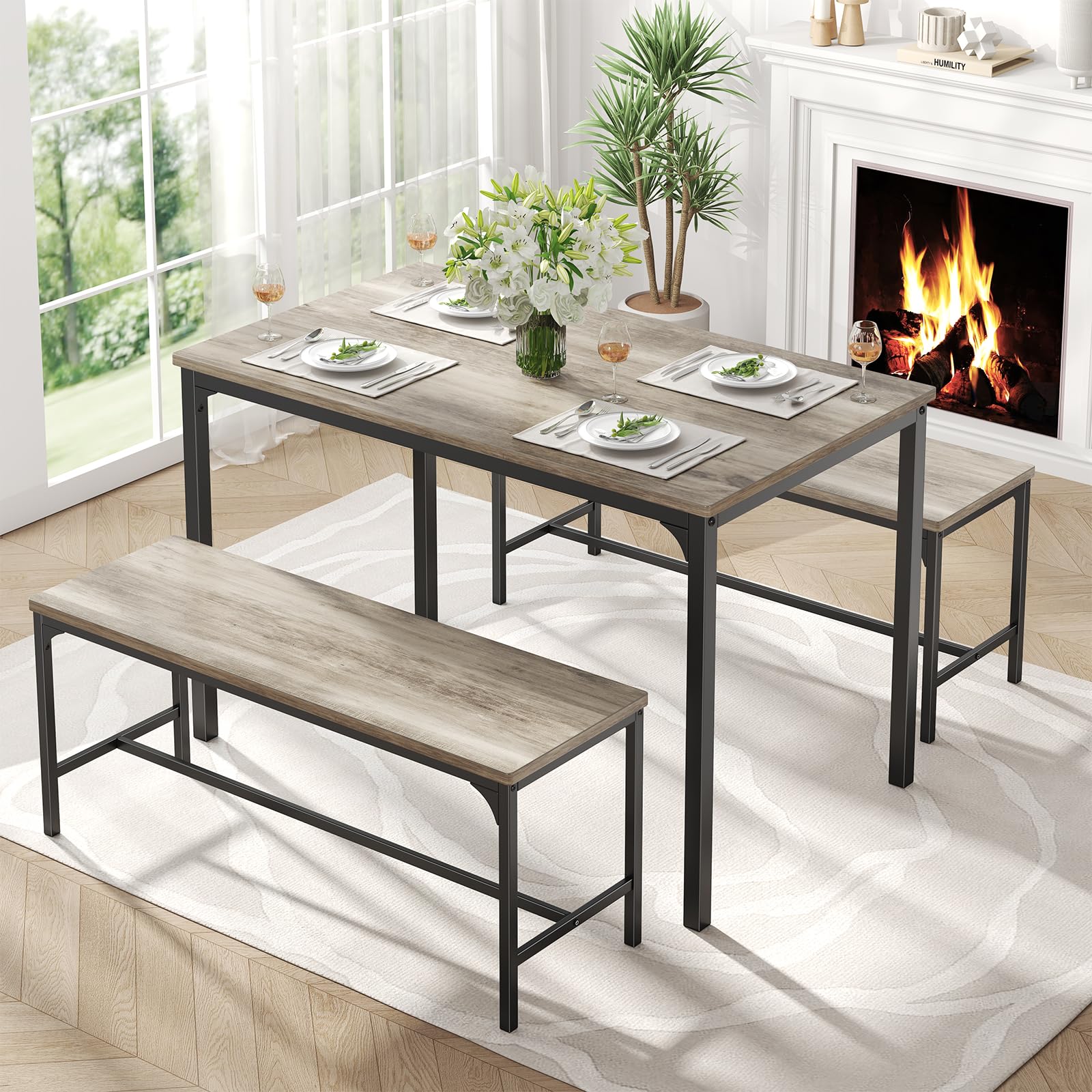 DUMOS Dining Table Set, Dining Table for 4 with Bench,Kitchen Table, Space-Saving Ideal 4-Person Set for Dining Room Kitchen Apartment Corner Grey 3