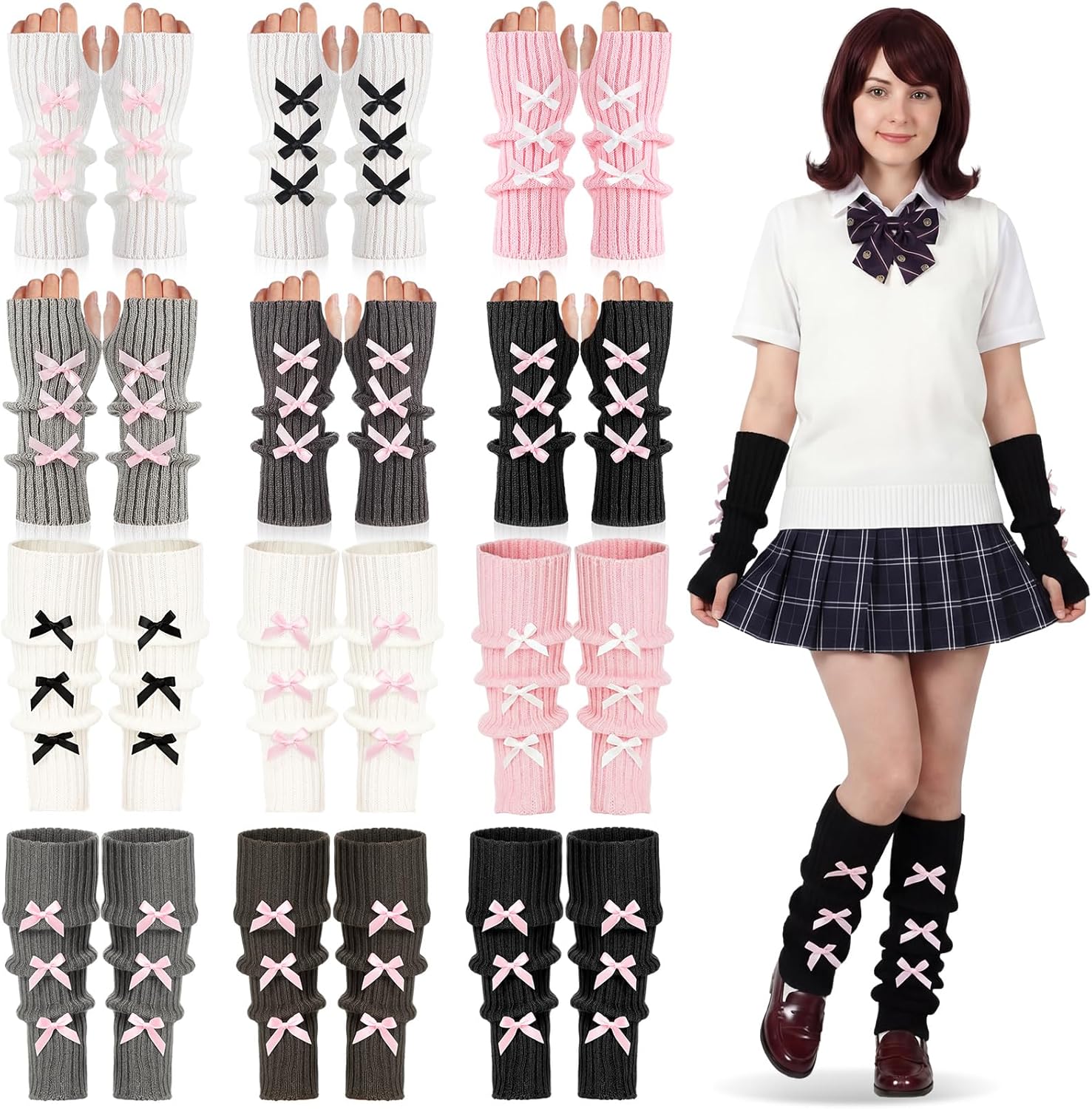 12 Pairs Kawaii Arm Warmers and Leg Warmers Y2k Japanese Style for Women Girls Lolita Cute Costume School