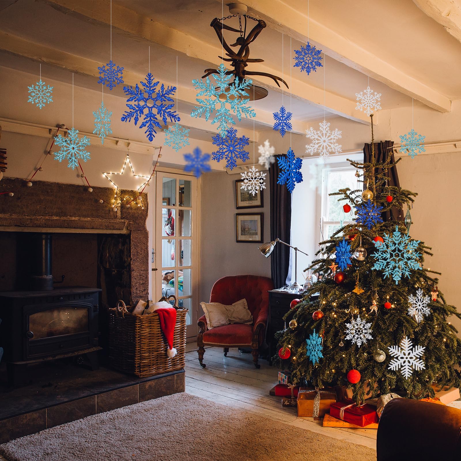 6 Stück 40 cm große Schneeflocken-Dekorationen – riesige hängende Schneeflocken, Kunststoff-Schneeflocken für Innen- und Außenbereich, Weihnachtsdekoration, Veranda- und Baumschmuck (weiß, blau,