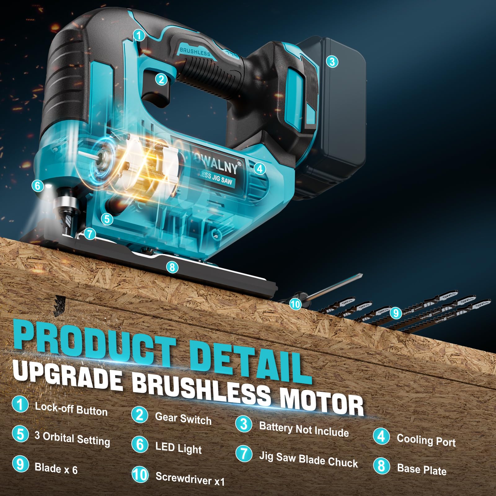 LIVOWALNY Seghetto Alternativo Senza Filo Compatibile con Batterie Makita 18V, Velocità Variabile, Taglio a Inclinazione 45°, con 6 Lame – Per Legno, Metallo e Plastica (Batteria Non Inclusa)