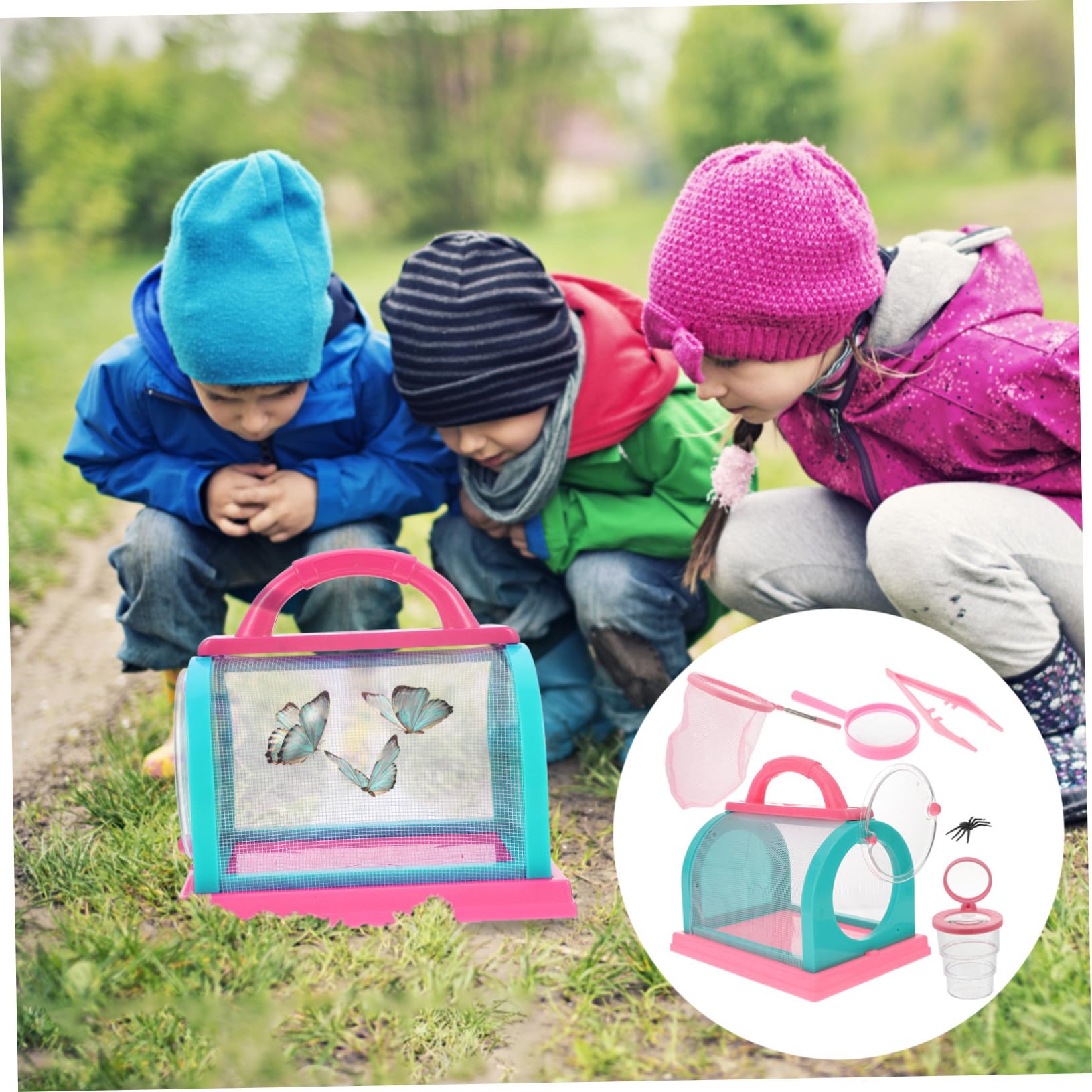 Kit de Captura de Exploración para Niños, 1 Juego Rosa | Red y Jaula de Observación, Plástico y Tela, para Camping y Actividades de Observación Biológica al Aire Libre