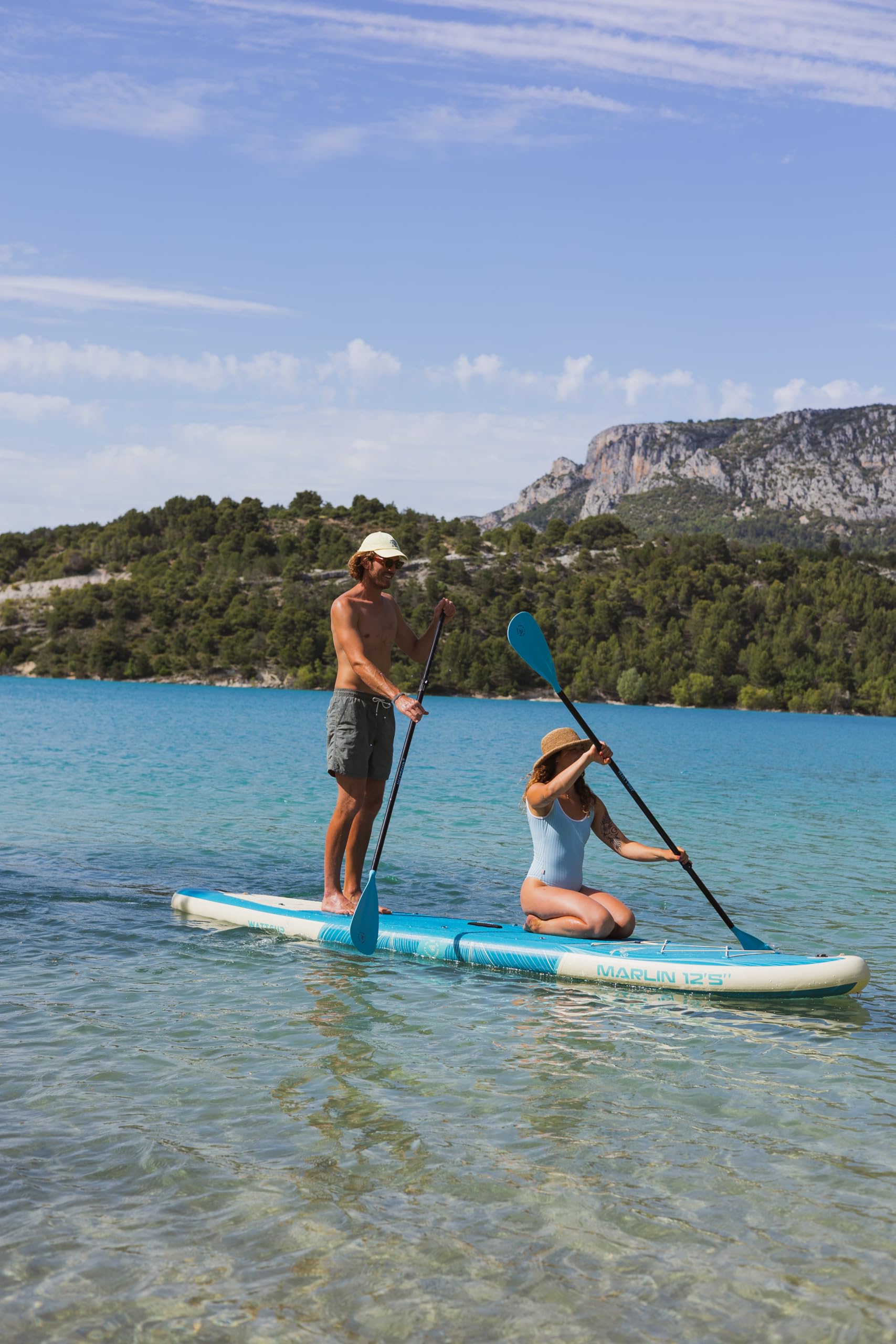Wattsup - SUP Stand Up Paddle Gonfiabile MARLIN 12'5-378x89x15 cm, Dropstitch - Pacchetto completo: Remo 2in1, Leash, Pompa, Borsa di Trasporto - Fino a 185 kg - Blu
