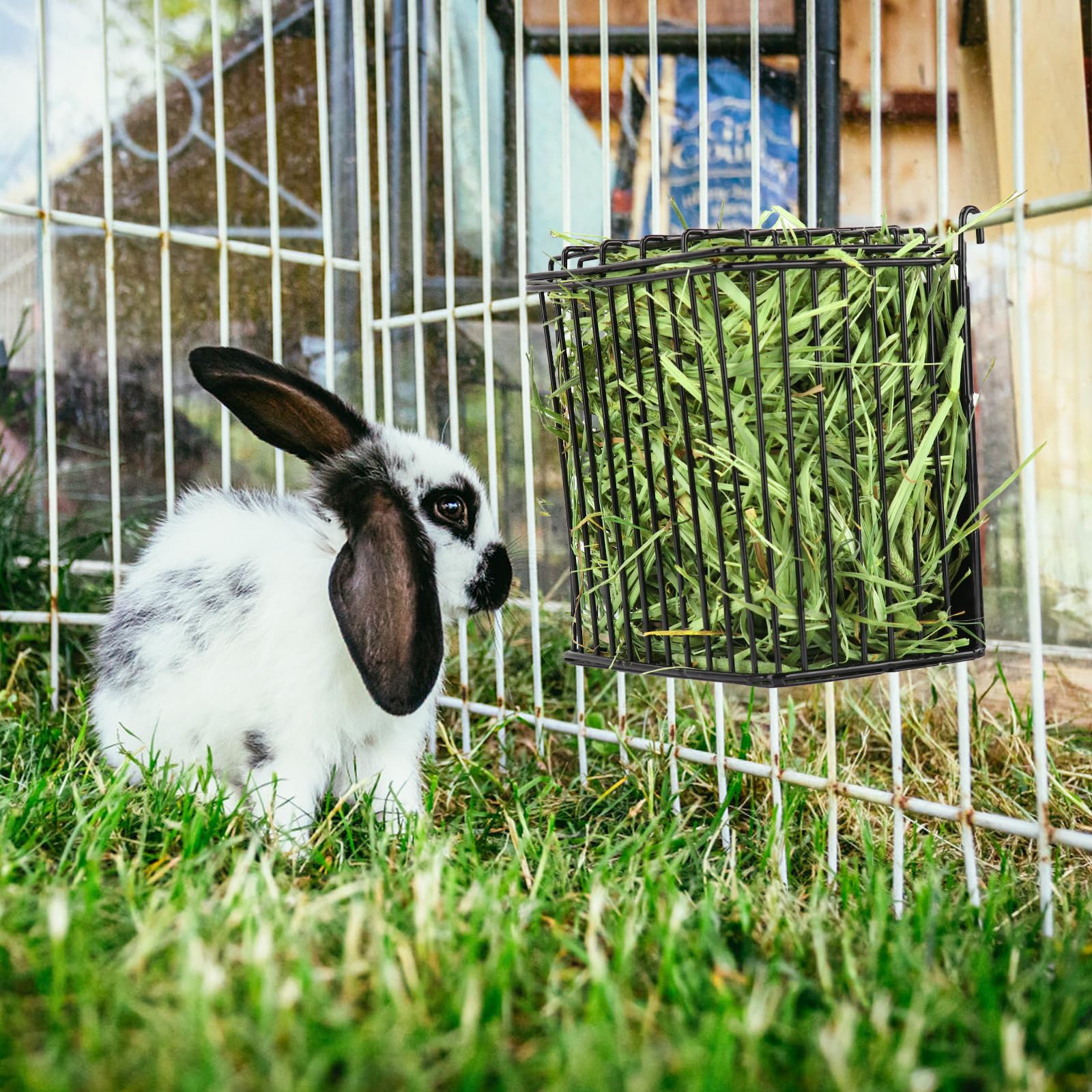 New Upgraded Rabbit Hay Feeder,Comes with Lid to Prevent Critters from Jumping in,Metal Frame Hay Rack with Adjustable Hook,for Rabbits Guinea Pigs Bunny Chinchillas Small Animals (Black) - image 8