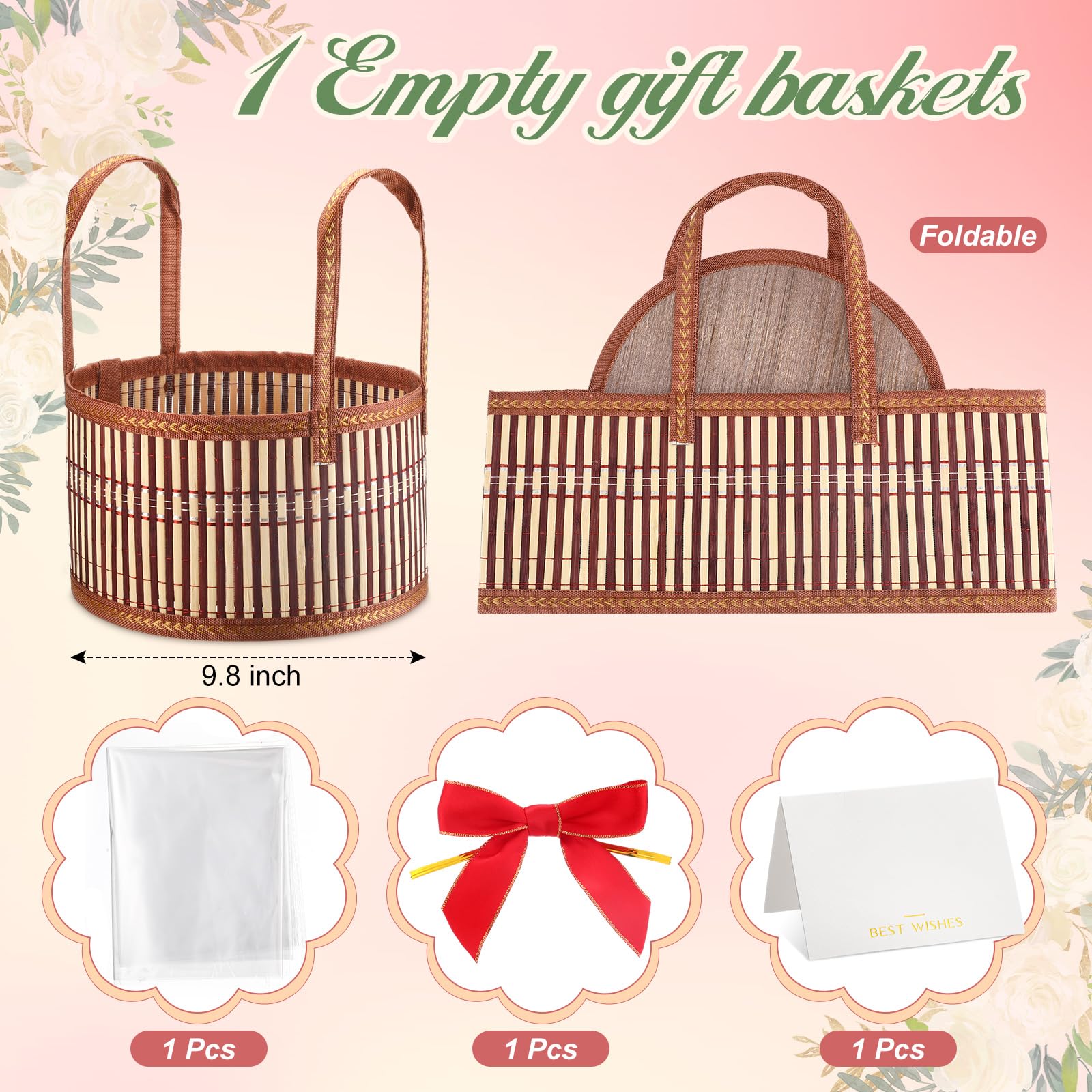 Weysat 1 set di cestini per regali vuoti, robusti e grandi cesti regalo in bambù intrecciato con manico, fiocco rosso da riempire per festa della mamma, festa di inaugurazione della casa, baby shower