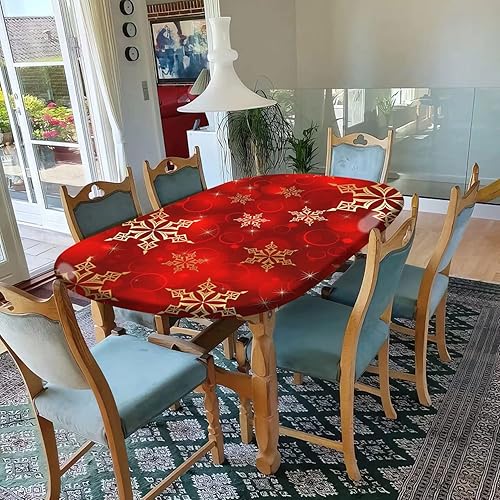Miniatura 6 de RenteriaDecor Manteles ovalados de Navidad rojos, mantel ajustable elástico con estampado de copo de nieve dorado, fundas oblongas resistentes al