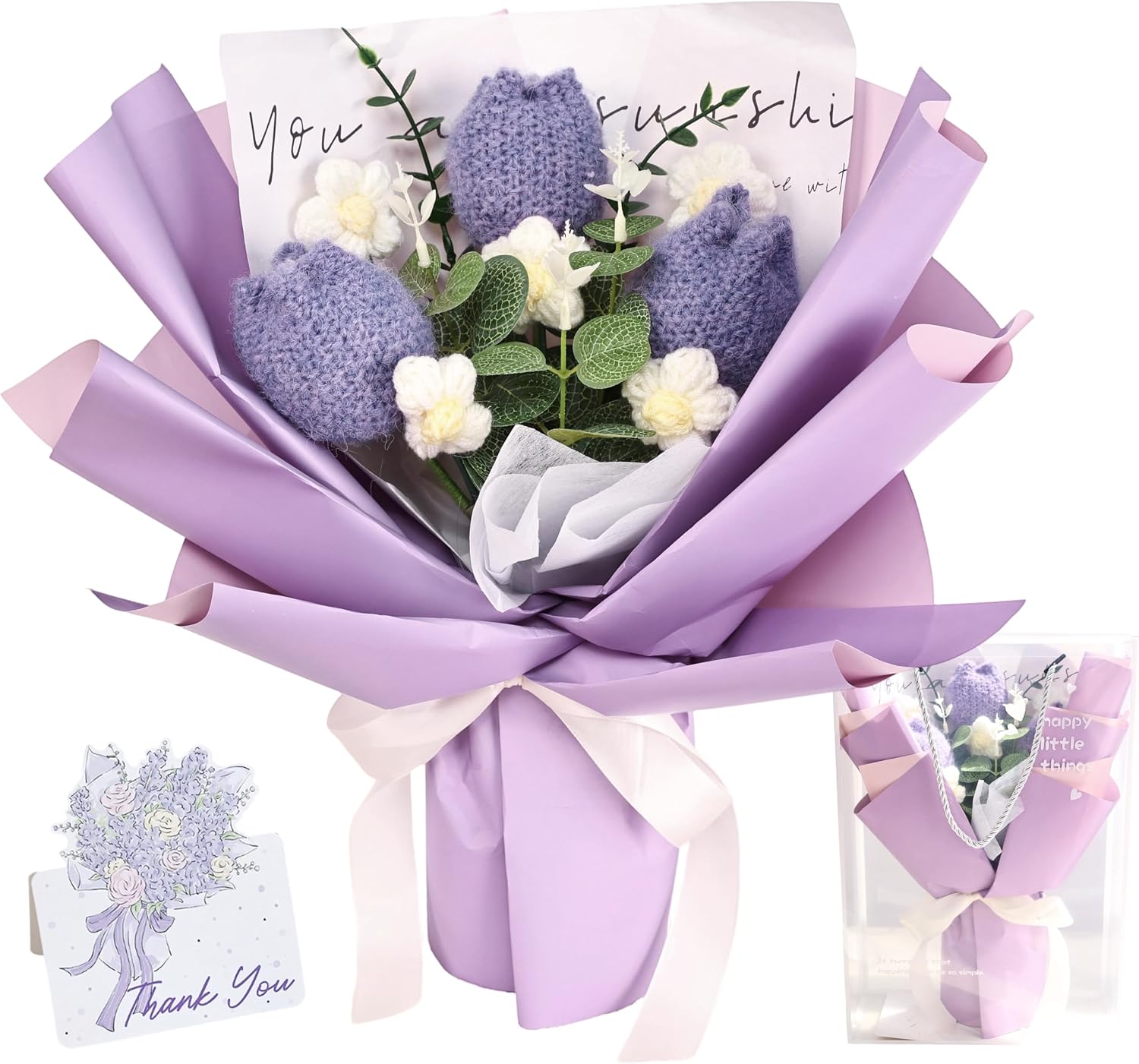 Crochet Flowers Bouquet for Her Handmade Crochet Tulips Artificial Eucalyptus Includes Handheld Gift Box and Card for Home Decor Anniversary Birthdays Mother's Day Graduation Gifts (Blue)