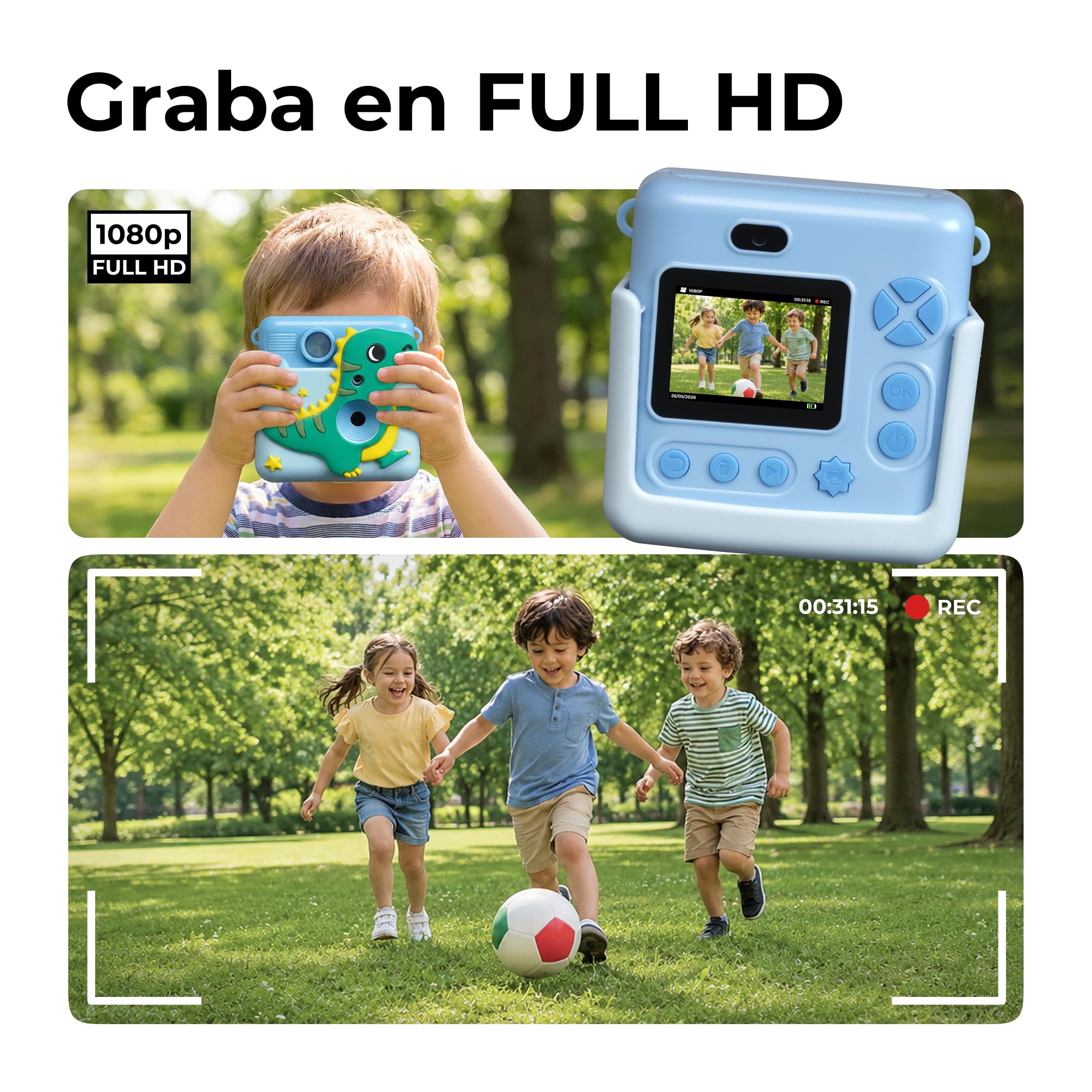 Denver KPC-1363 Cámara Infantil con impresión térmica Azul, Pantalla 2”, vídeo 1080p, Fotos 20 MP, 3 Rollos incluidos
