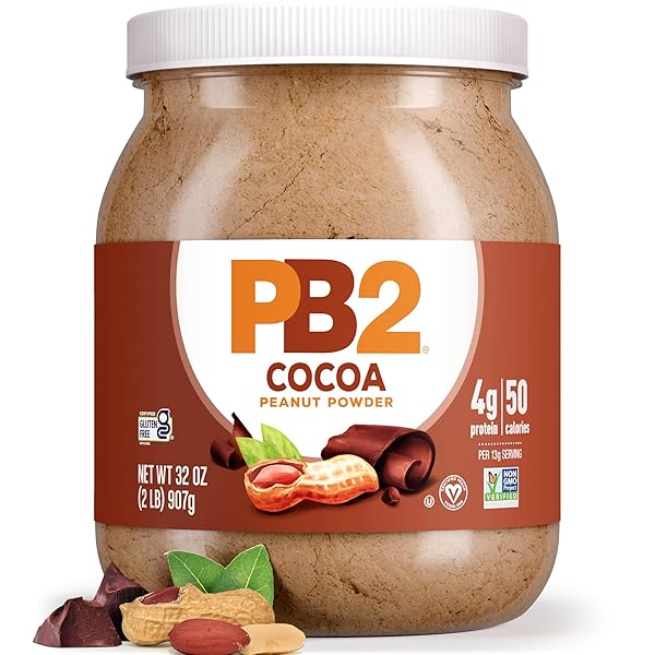 PB2 Powdered Chocolate Peanut Butter with Cocoa | 2lb Jar | 4g of Protein, 90% Less Fat, Certified Gluten Free, Only 50 Calories per Serving for Shakes, Smoothies, Low-Carb, Keto Diets