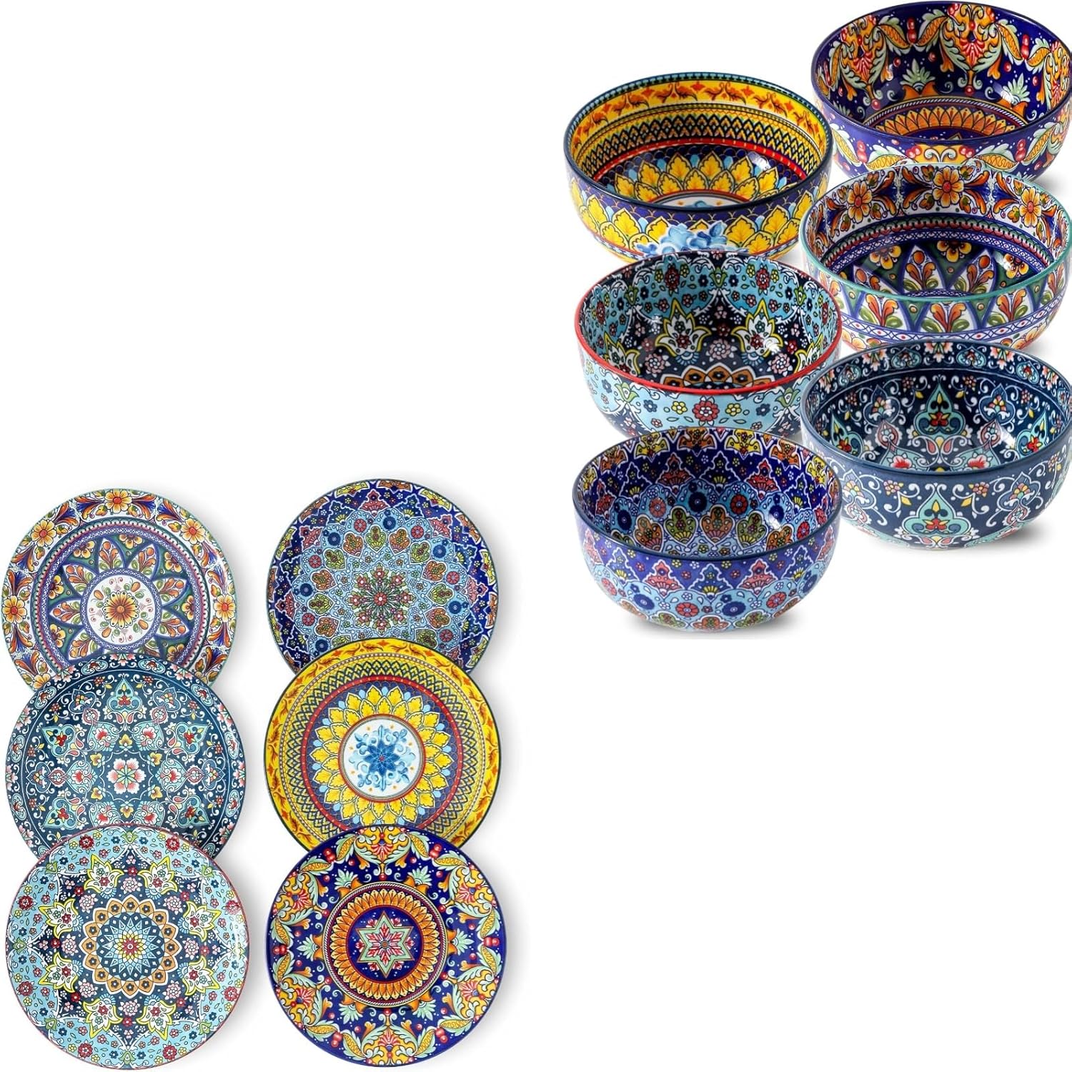 glowworm 8.5 Inches Dinner Plates Set of 6, Cereal Bowls Set of 6, 26 Oz Ceramic Soup Bowls for Kitchen, Bohemian