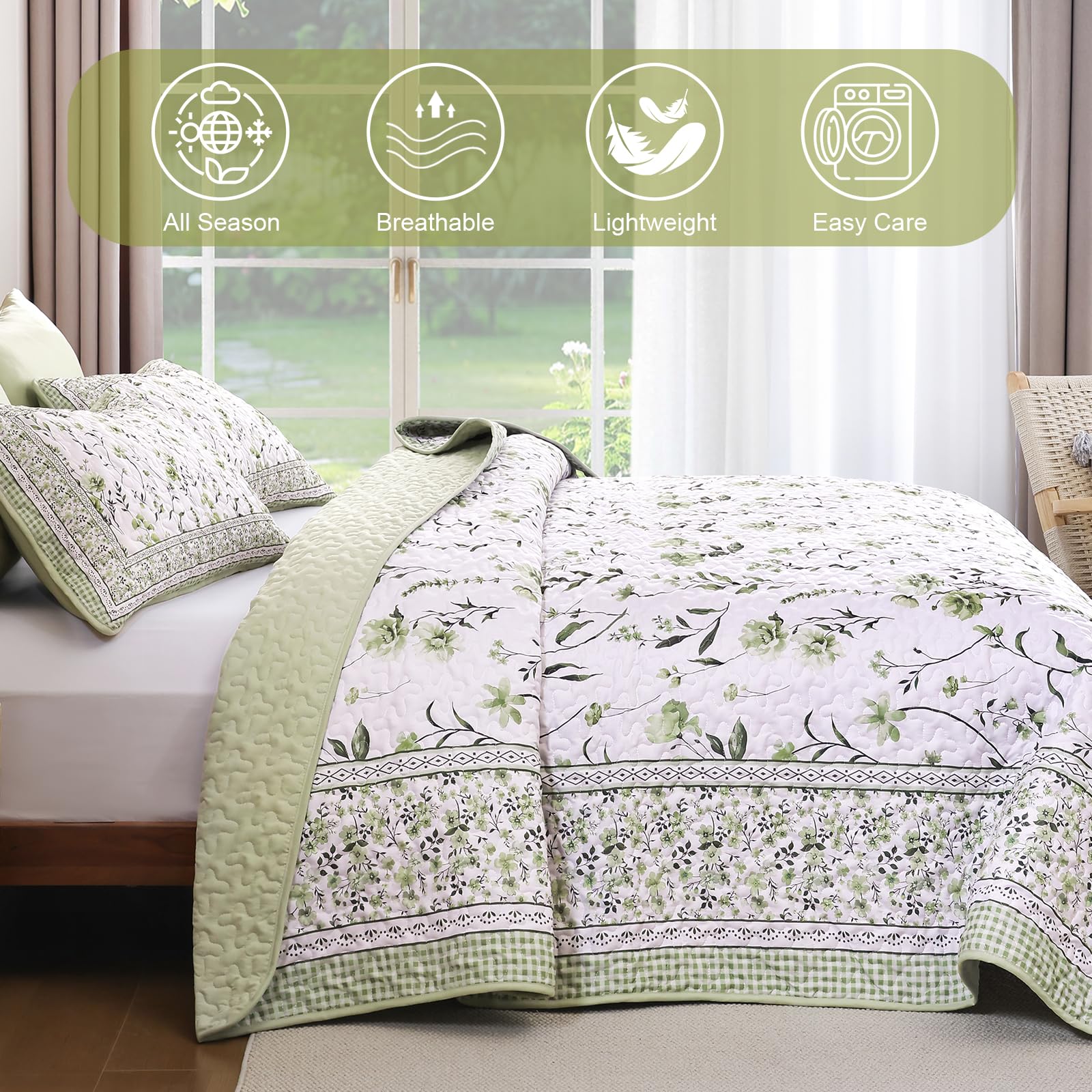 WONGS BEDDING Bettwäsche-Set mit Blumenmuster, Queen-Size-Größe, Salbeigrün, Tagesdecken-Set mit 2 Kissenbezügen, Mikrofaser, leicht, Blumen, botanische Bettwäsche-Sets für alle Jahreszeiten (243,8 x