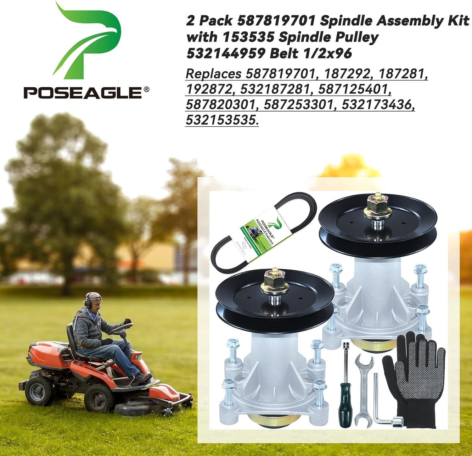 2 Pack 587819701 Spindle Assembly with 532153535 Spindle Pulley 532144959 Belt 1/2x96 Replaces 532187281 587820301 532187292 587253301 532173436 for Husqvarna 2042LS YTH20F42T Mowers