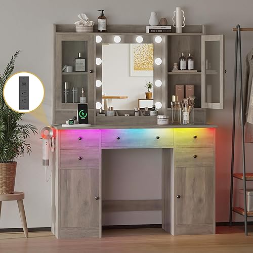 Miniatura 8 de Escritorio de tocador de maquillaje con espejo y luces, juego de mesa blanca con cajones de almacenamiento, estación de carga y gabinetes, tocador