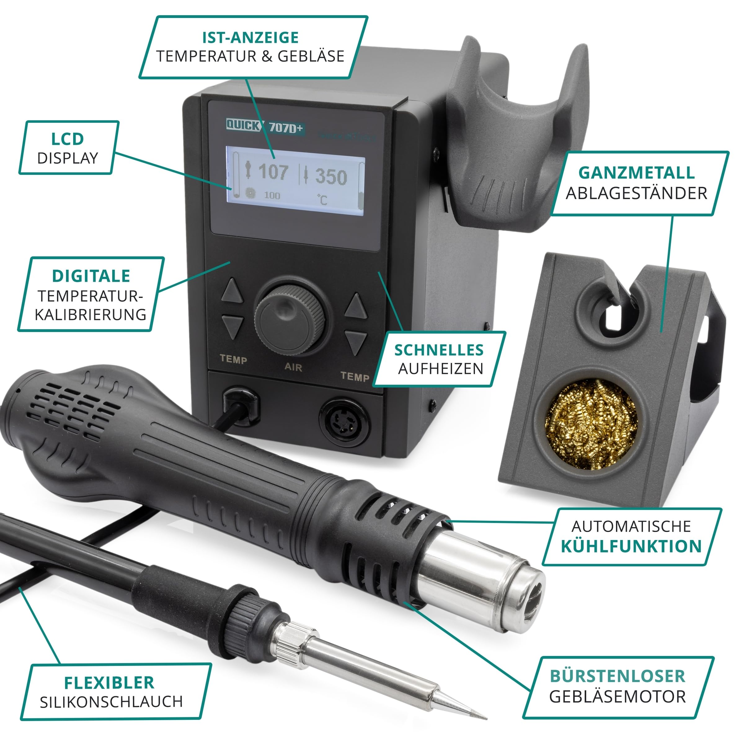 QUICK 707D+ 2in1 Reworkstation Sensor-geregelt und digital einstellbar, 800 Watt Heißluft 100-500°C bis 30L/Min, 70 Watt Lötkolben bis 480°C - SMD Reworkstation - Standby - Auto-Kühlsystem