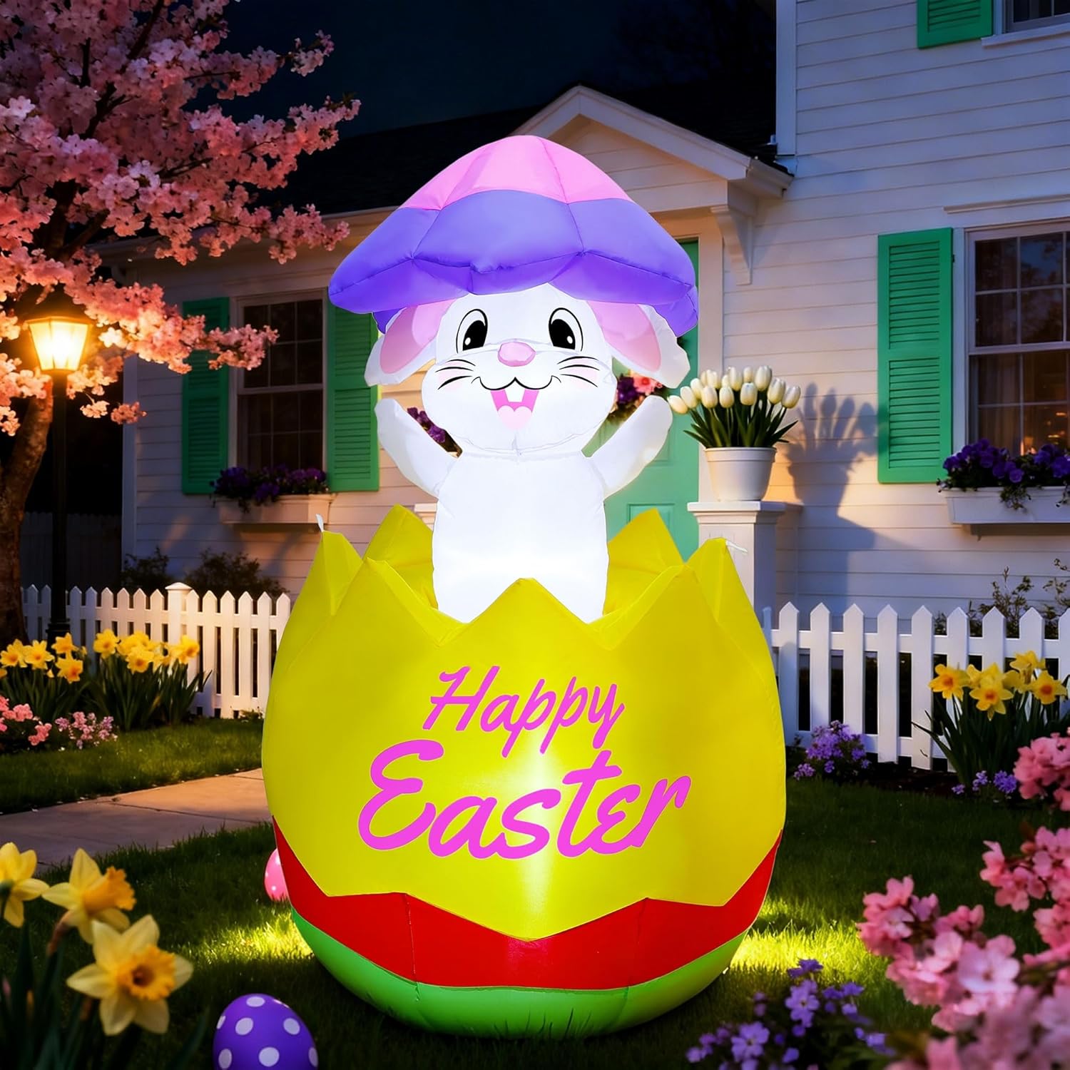 Joliyoou 5FT H Easter Inflatable Outdoor Decoration, Air-Blown Bunny in Egg with Shell on Head, Blow Up Rabbit with Built-in LED Lights for Lawn Yard Garden Holiday Party Indoor Outdoor Decor - Image 7