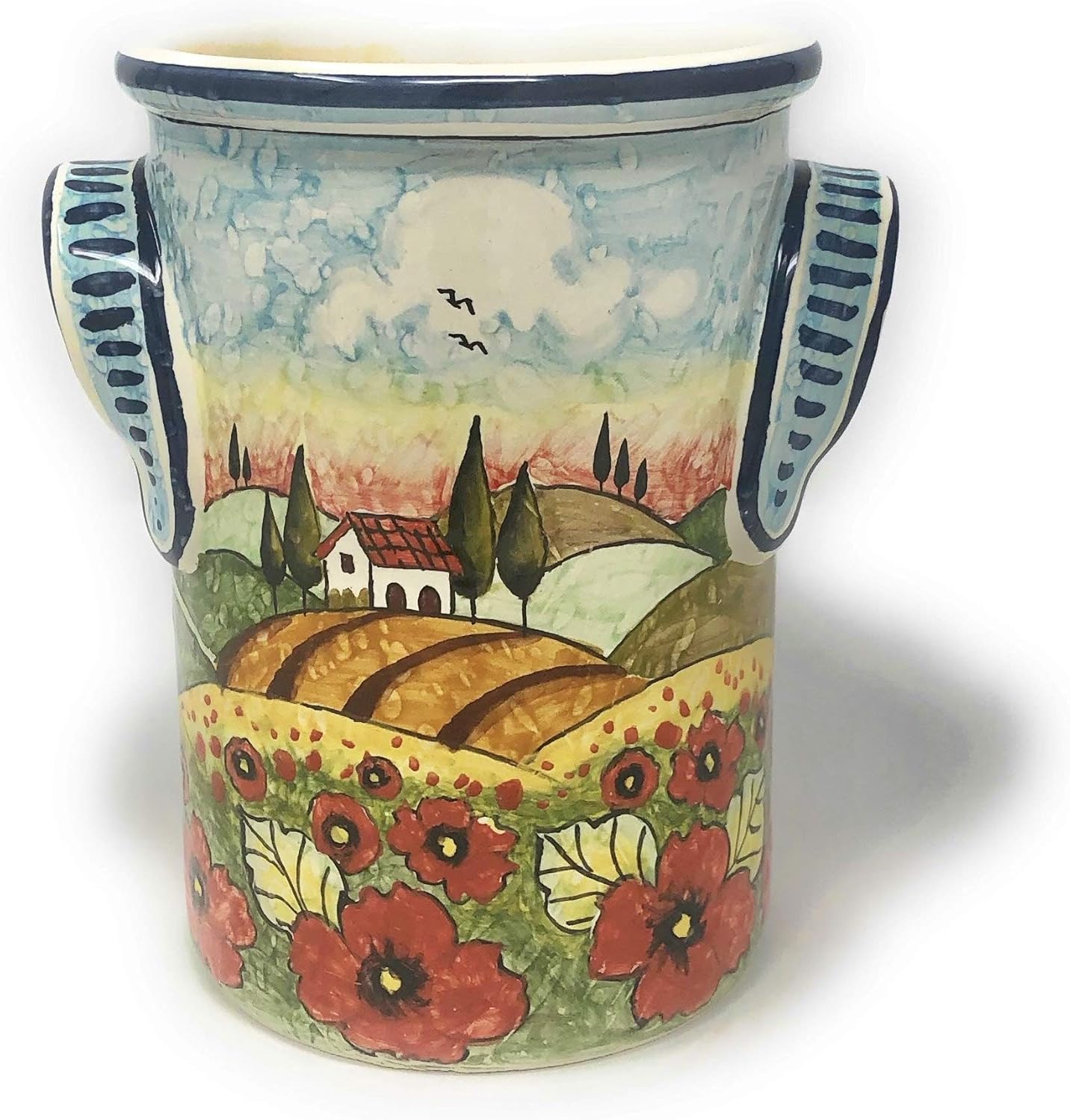 CERAMICHE D'ARTE PARRINI- Italian Ceramic Utensil Holder Wine Bottle Hand Painted Made in Italy Decorated Landscape Poppies Tuscan Art Pottery