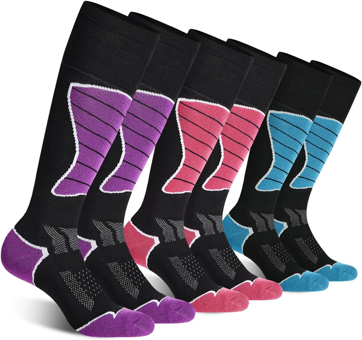 CS CELERSPORT3 Pack Women's Ski Socks for Skiing, Snowboarding, Cold Weather, Warm Thermal Socks Winter Performance Socks, Black Blue + Black Pink + Black Purple, Medium