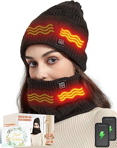 Sombrero calefactable - Juego de bufanda y sombreros calefactores para hombres y mujeres, batería de 4000 mAh, 3 controles de temperatura